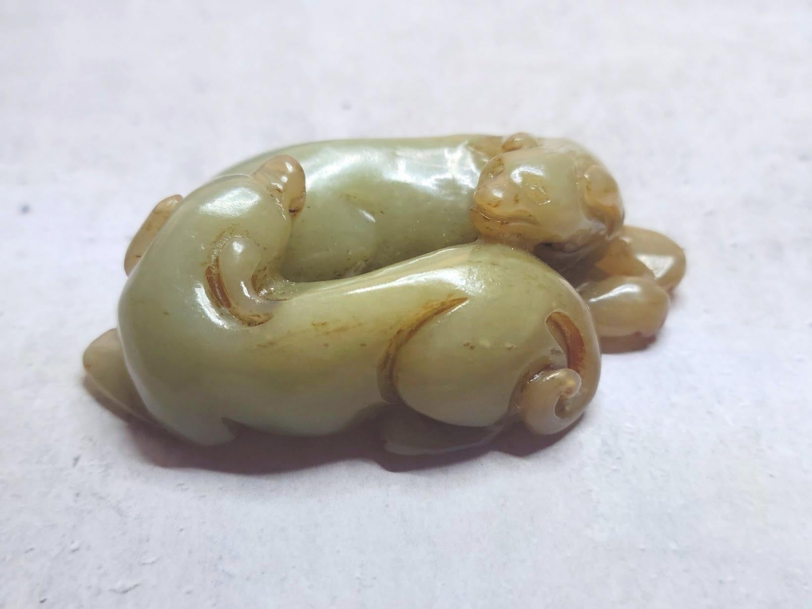 Antique Chinese Carved Jade Two Dogs 1