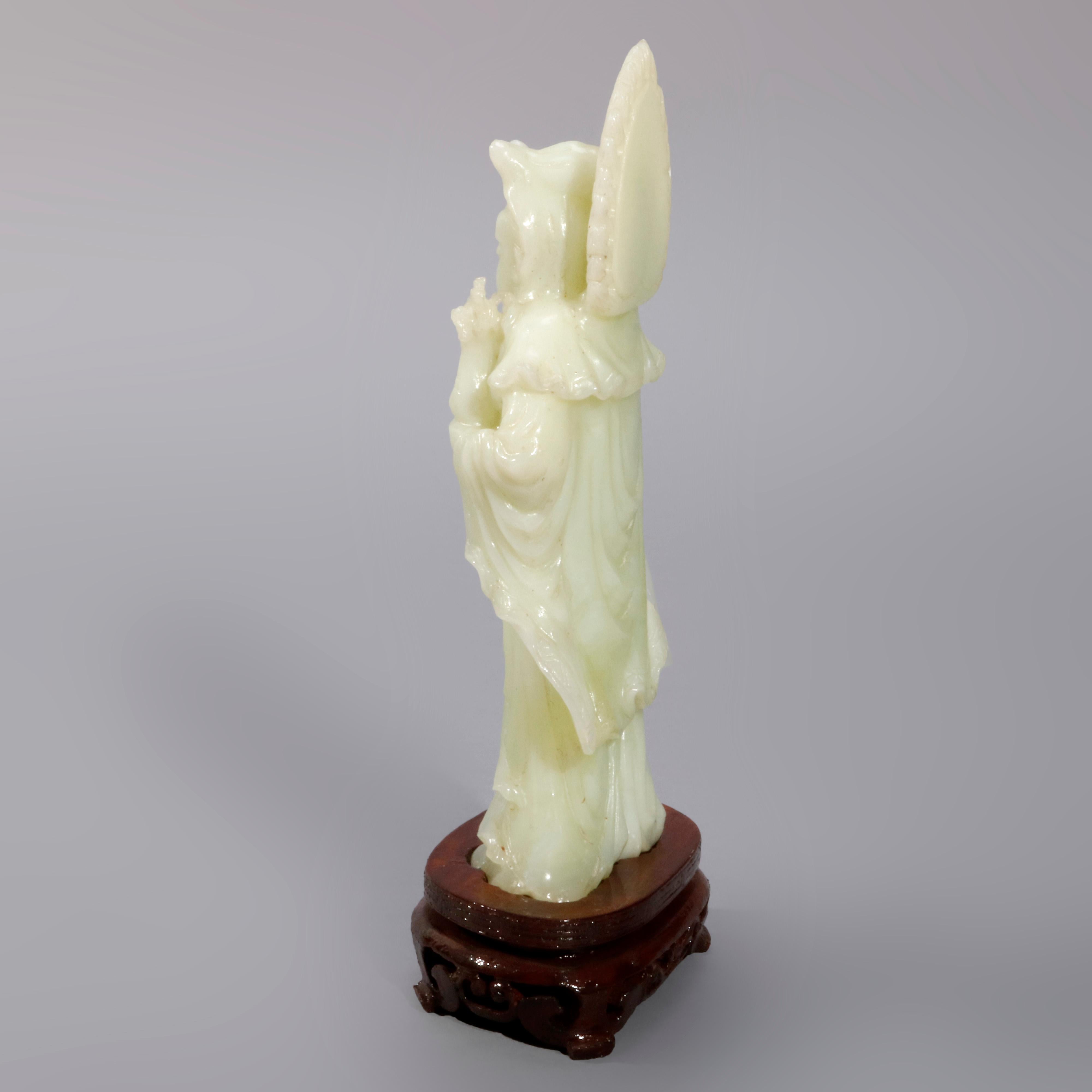 Antique Chinese Carved Jadeite Figure on Hardwood Base, 20th Century In Good Condition In Big Flats, NY