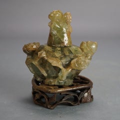 Antique Chinese Carved Jadeite Jar with Floral Grouping on Hardwood Stand C1920