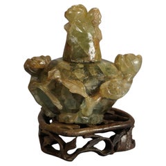 Antique Chinese Carved Jadeite Jar with Floral Grouping on Hardwood Stand C1920