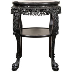 Antique Chinese Carved Marble-Top Tiered Side Table