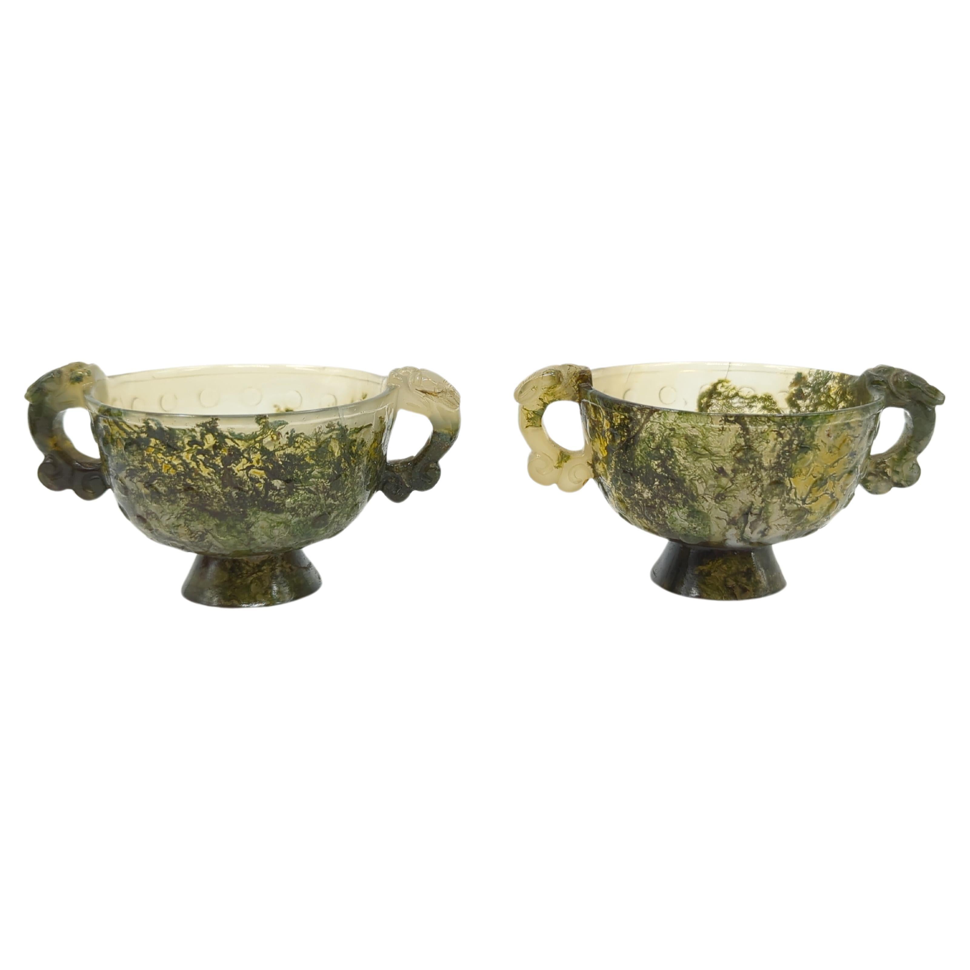 Antique Chinese Carved Moss Agate Cups Qilin Handles Hardwood Stands Qing 18/19c For Sale 5