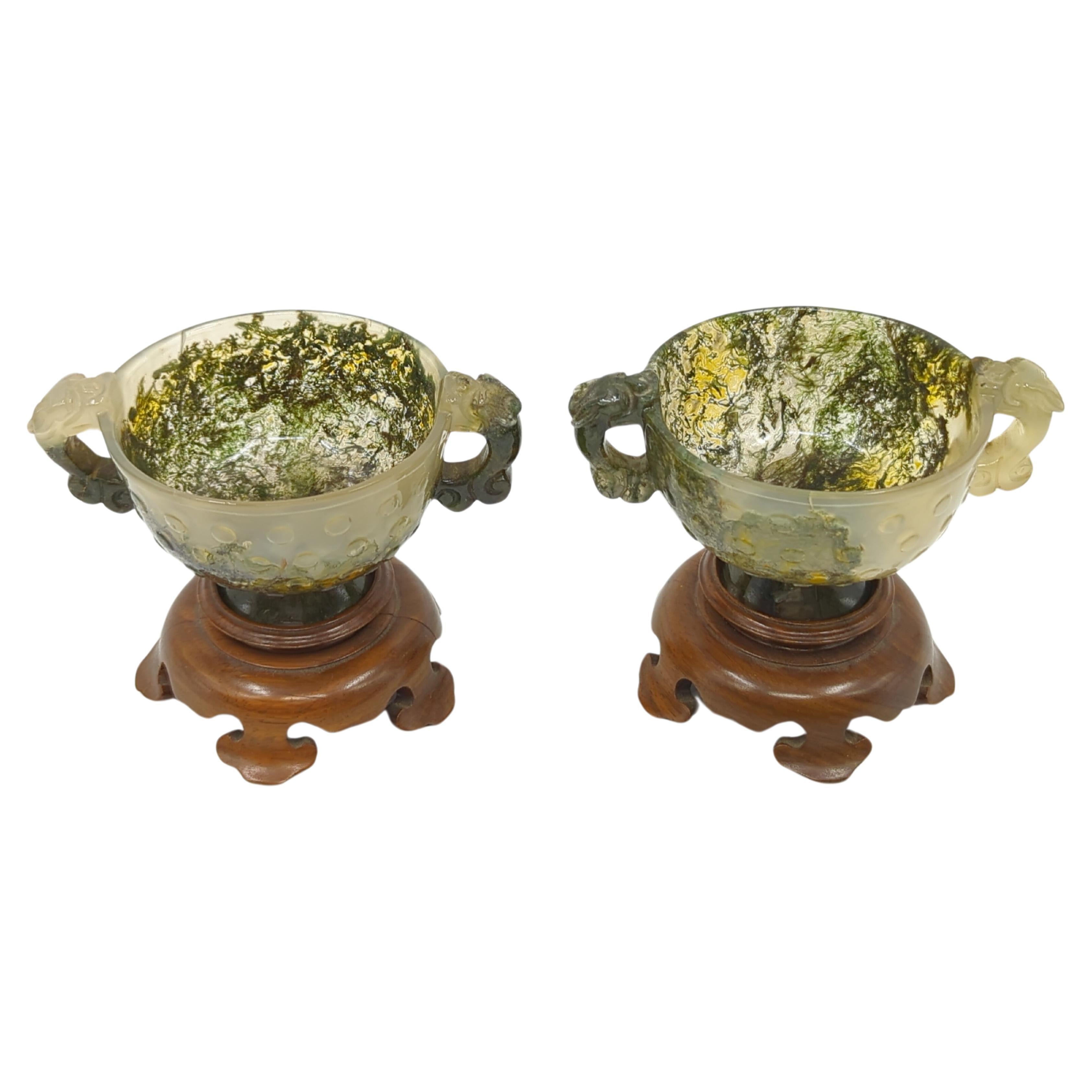 Antique Chinese Carved Moss Agate Cups Qilin Handles Hardwood Stands Qing 18/19c For Sale 6