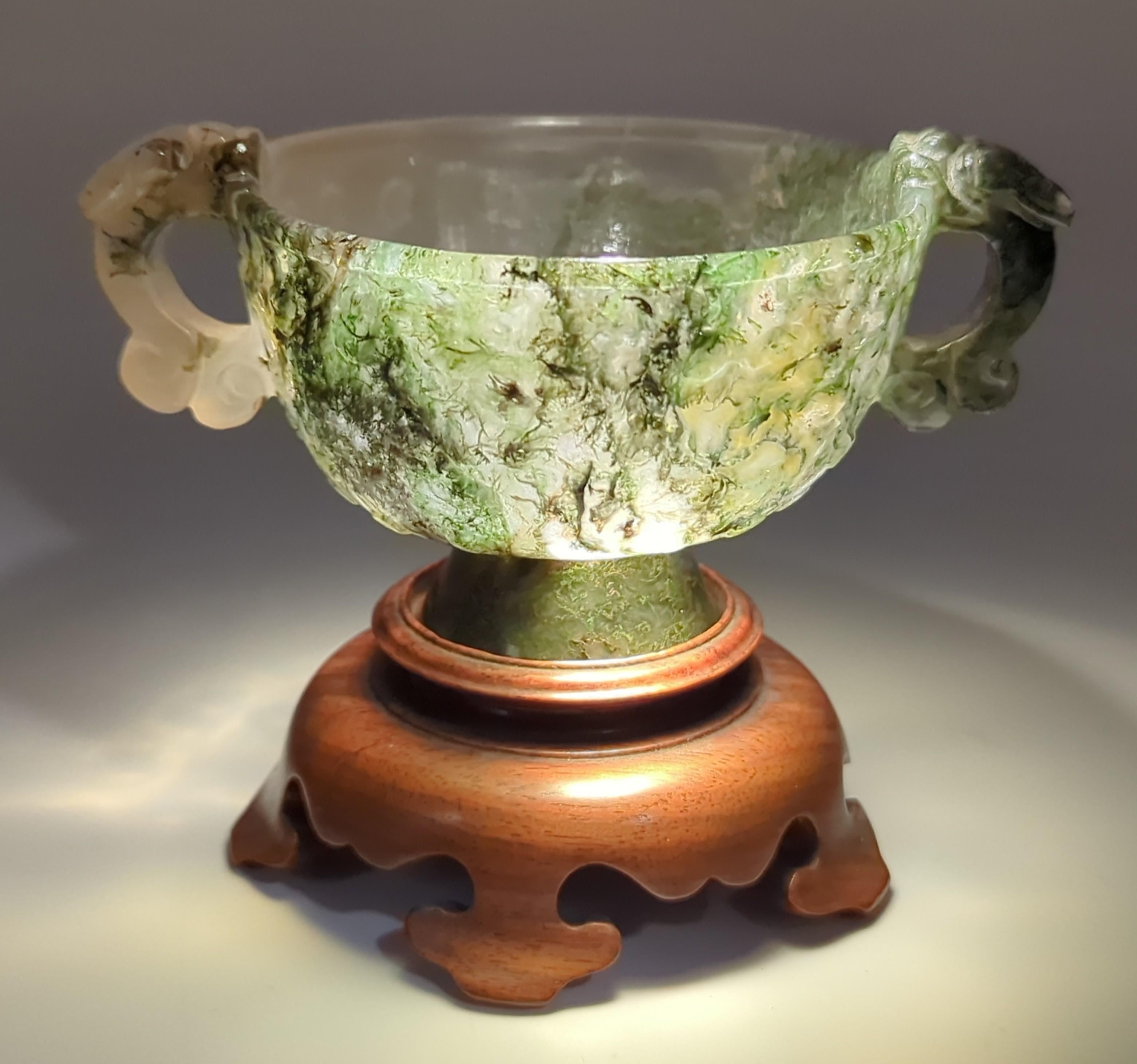 Antique Chinese Carved Moss Agate Cups Qilin Handles Hardwood Stands Qing 18/19c For Sale 11