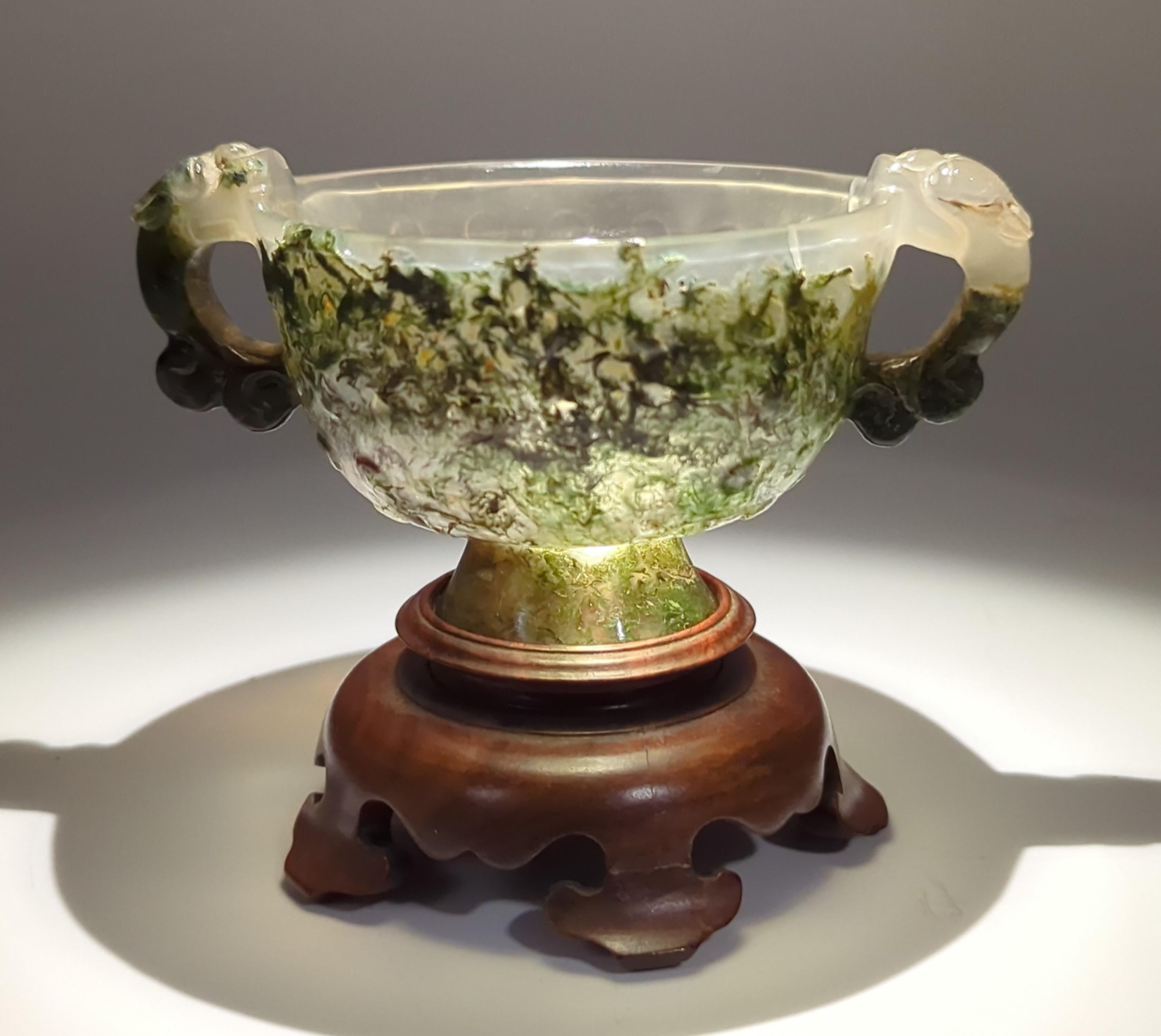 Antique Chinese Carved Moss Agate Cups Qilin Handles Hardwood Stands Qing 18/19c For Sale 12