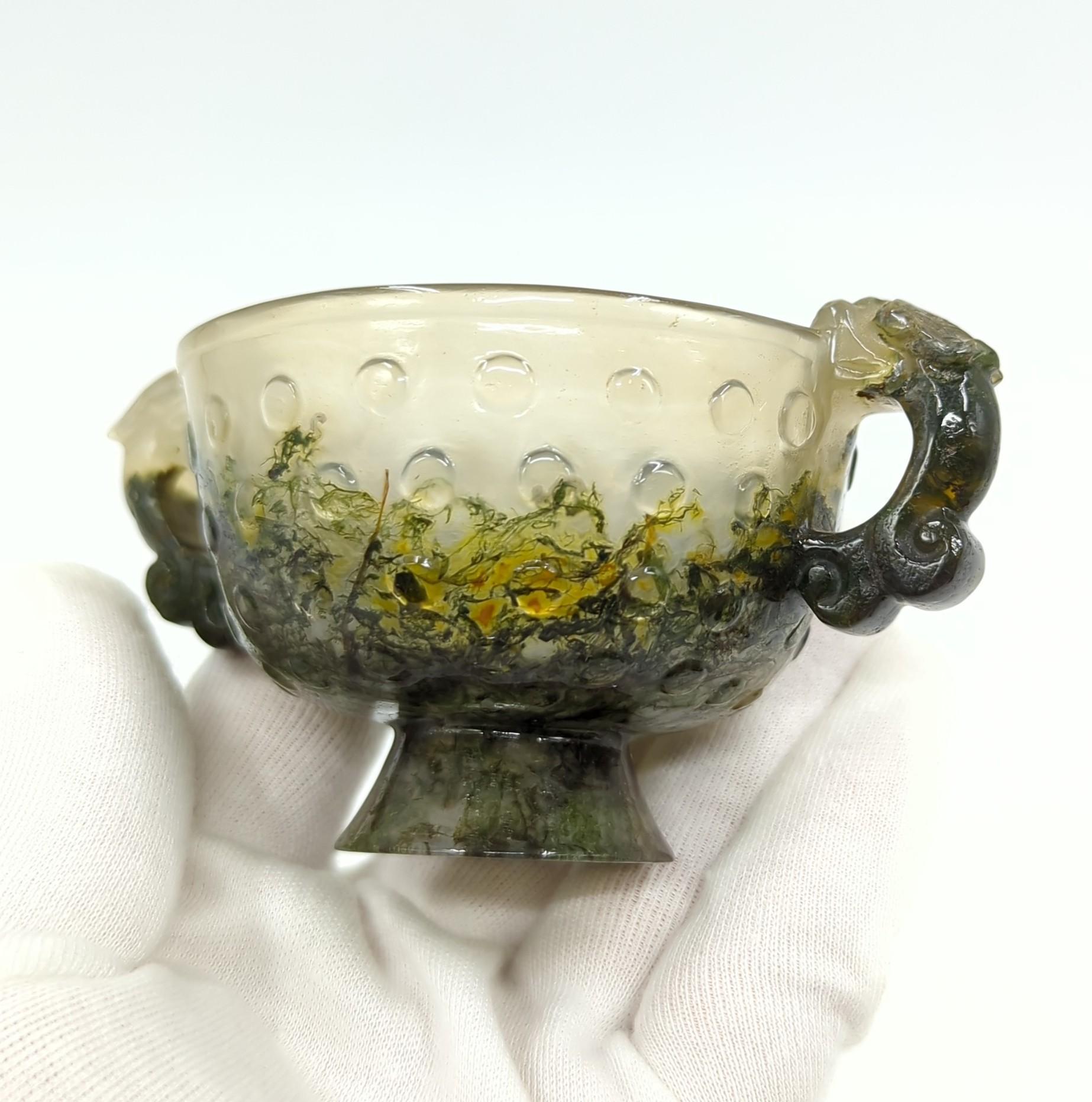 Antique Chinese Carved Moss Agate Cups Qilin Handles Hardwood Stands Qing 18/19c For Sale 14
