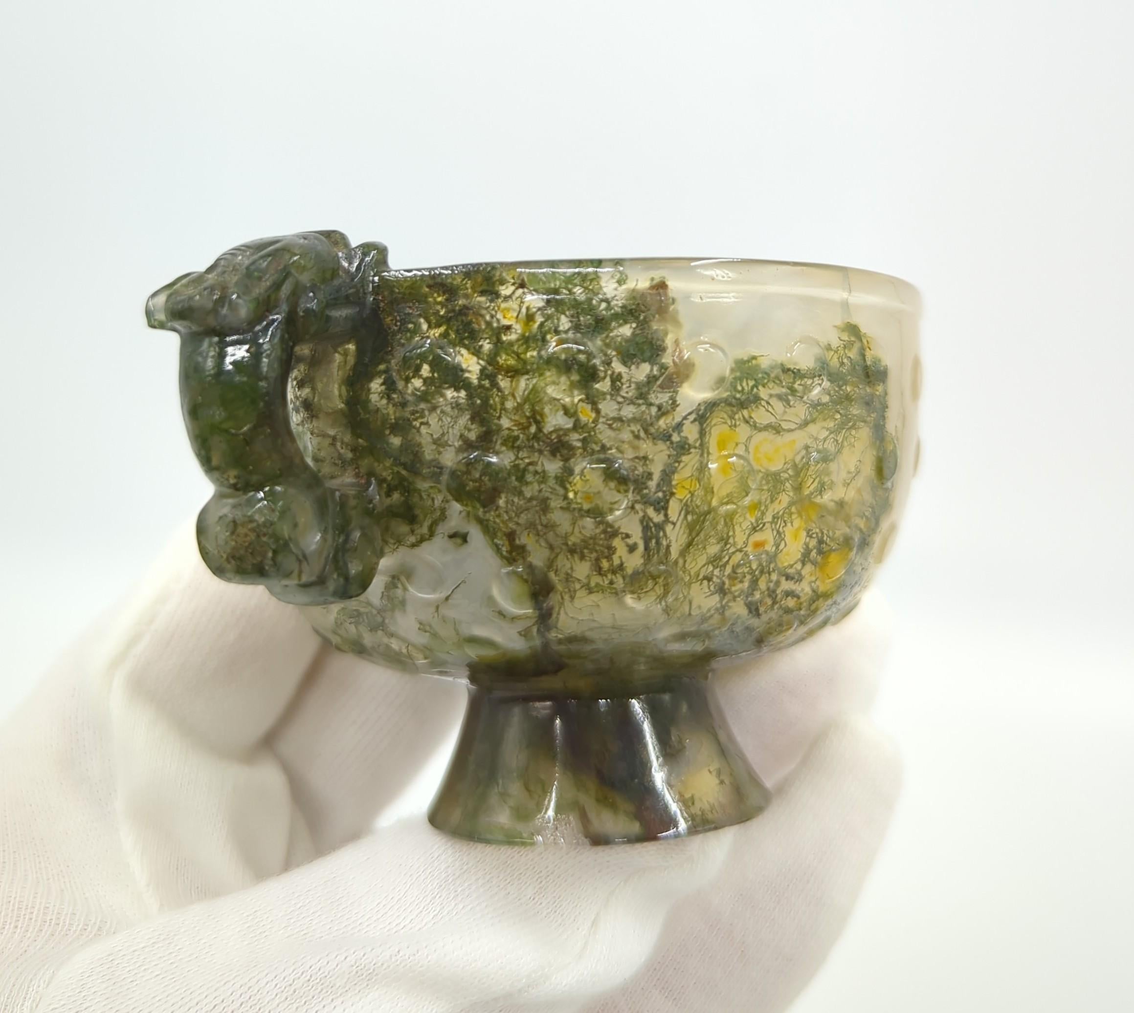Antique Chinese Carved Moss Agate Cups Qilin Handles Hardwood Stands Qing 18/19c For Sale 15