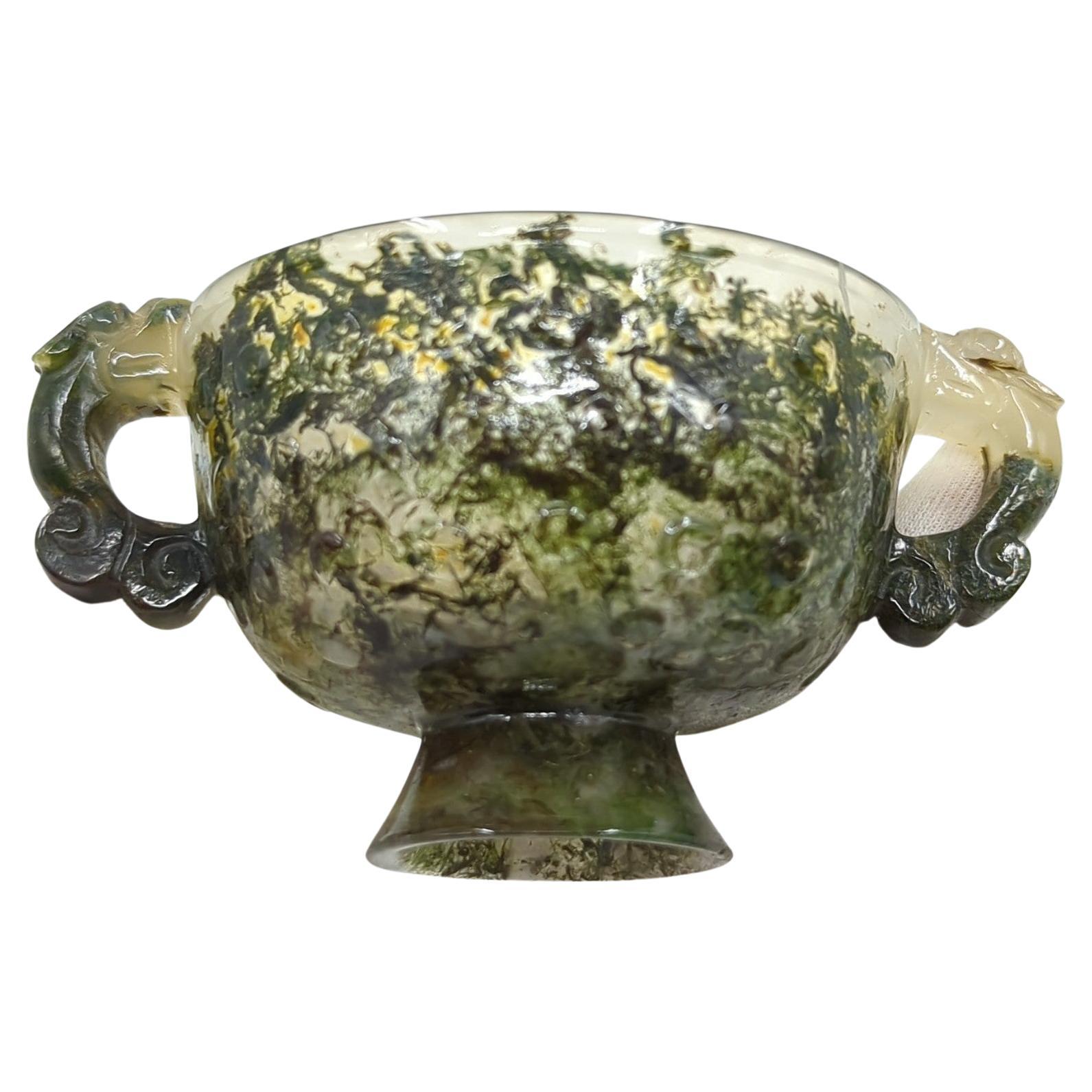 Hand-Carved Antique Chinese Carved Moss Agate Cups Qilin Handles Hardwood Stands Qing 18/19c For Sale