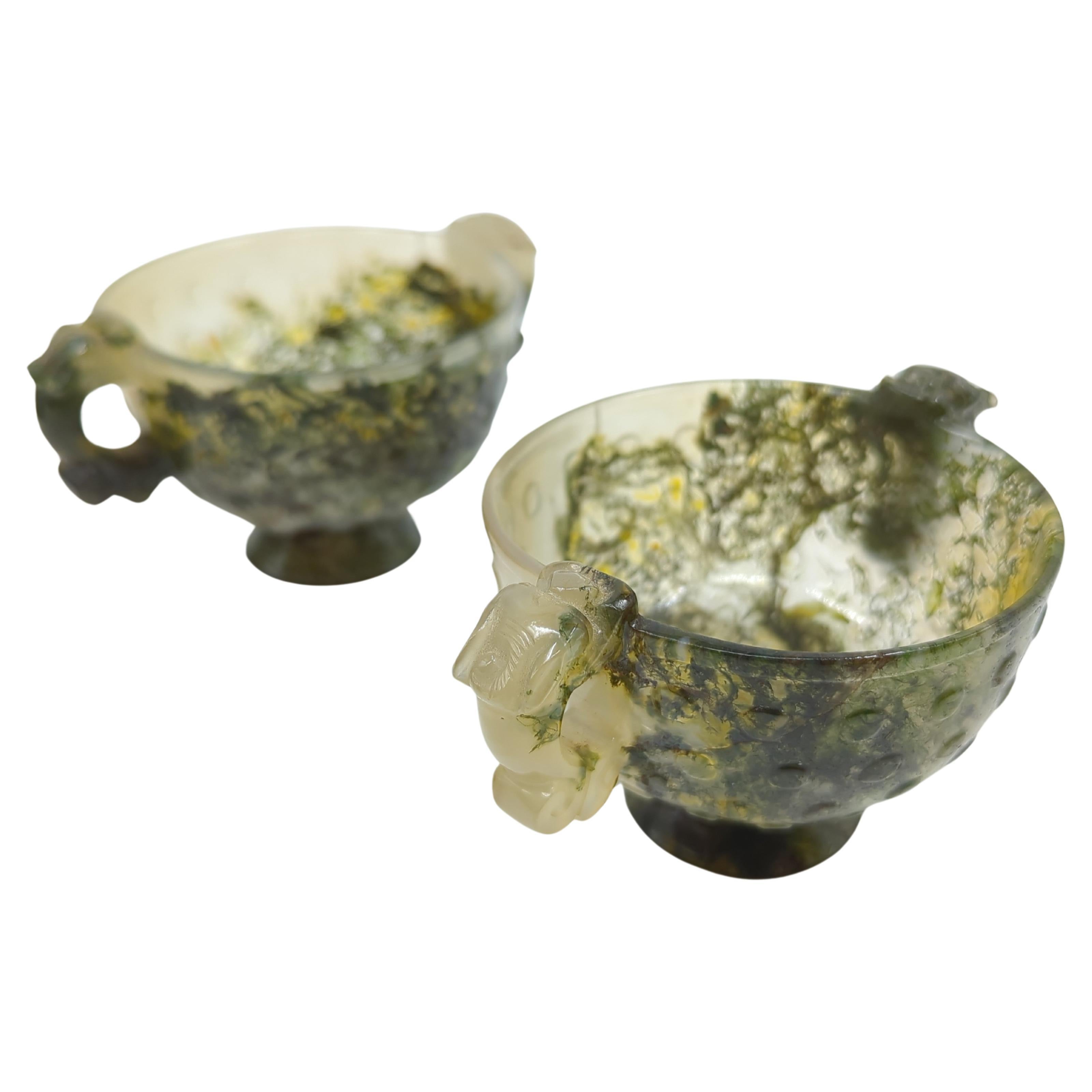 19th Century Antique Chinese Carved Moss Agate Cups Qilin Handles Hardwood Stands Qing 18/19c For Sale