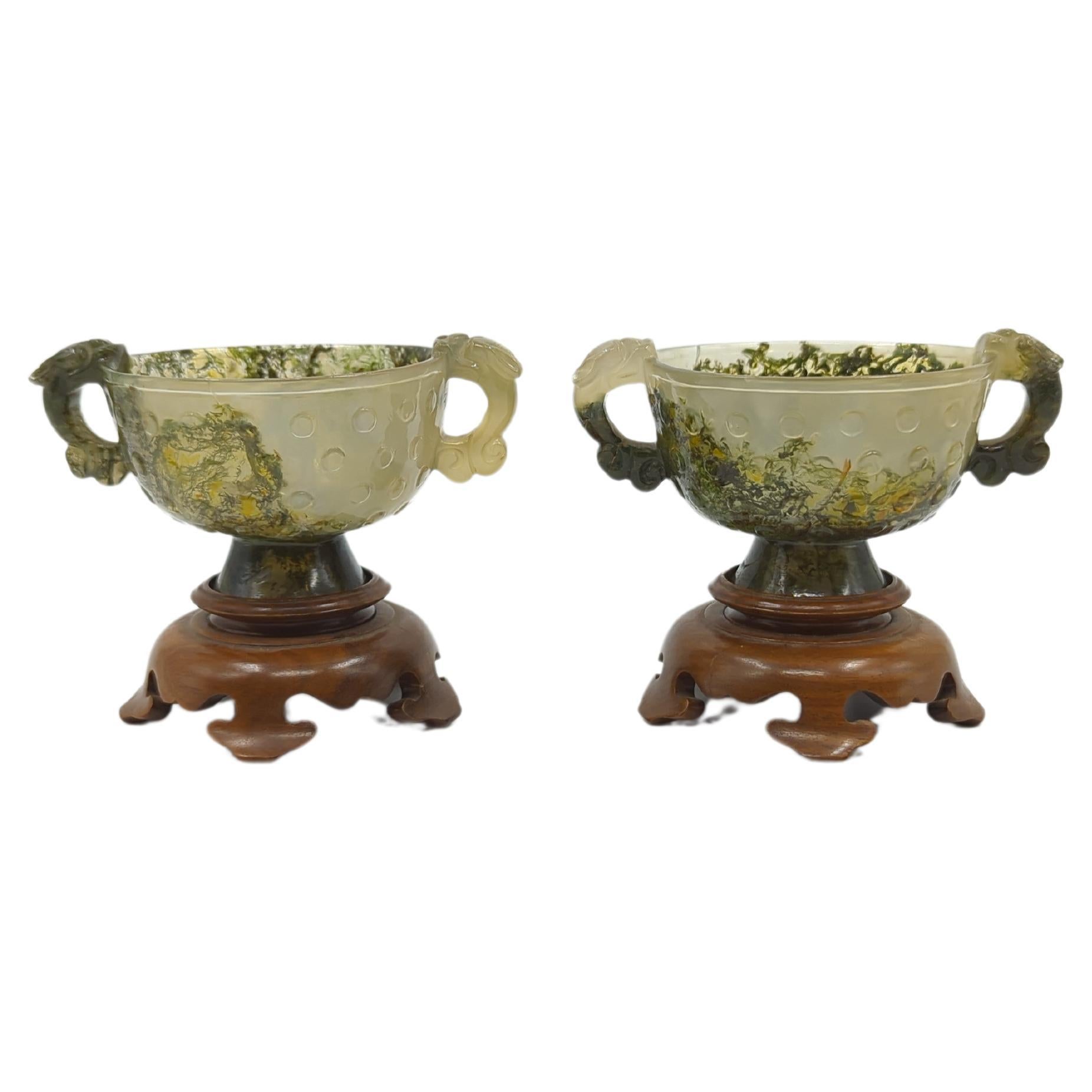 Antique Chinese Carved Moss Agate Cups Qilin Handles Hardwood Stands Qing 18/19c For Sale 3
