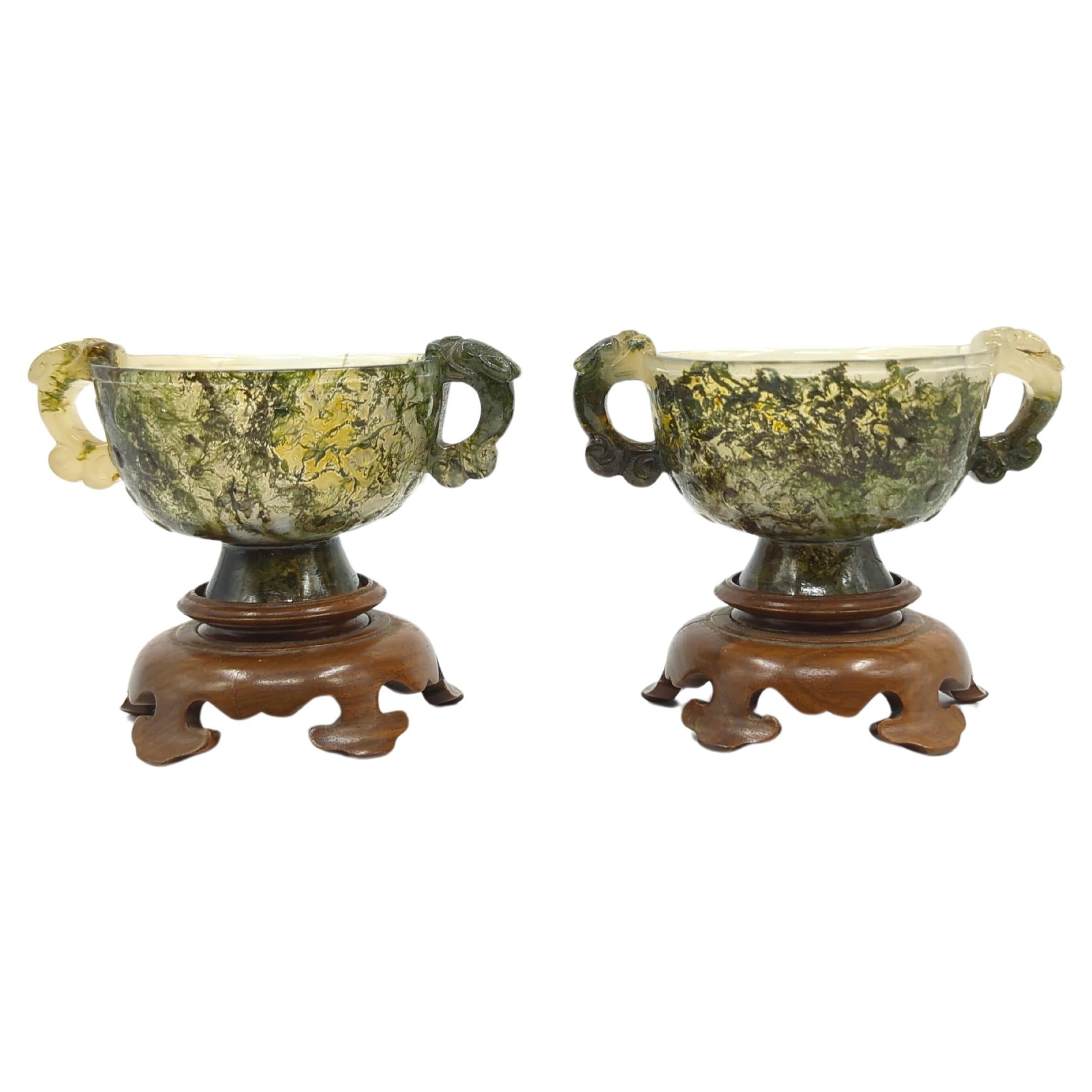 Antique Chinese Carved Moss Agate Cups Qilin Handles Hardwood Stands Qing 18/19c For Sale