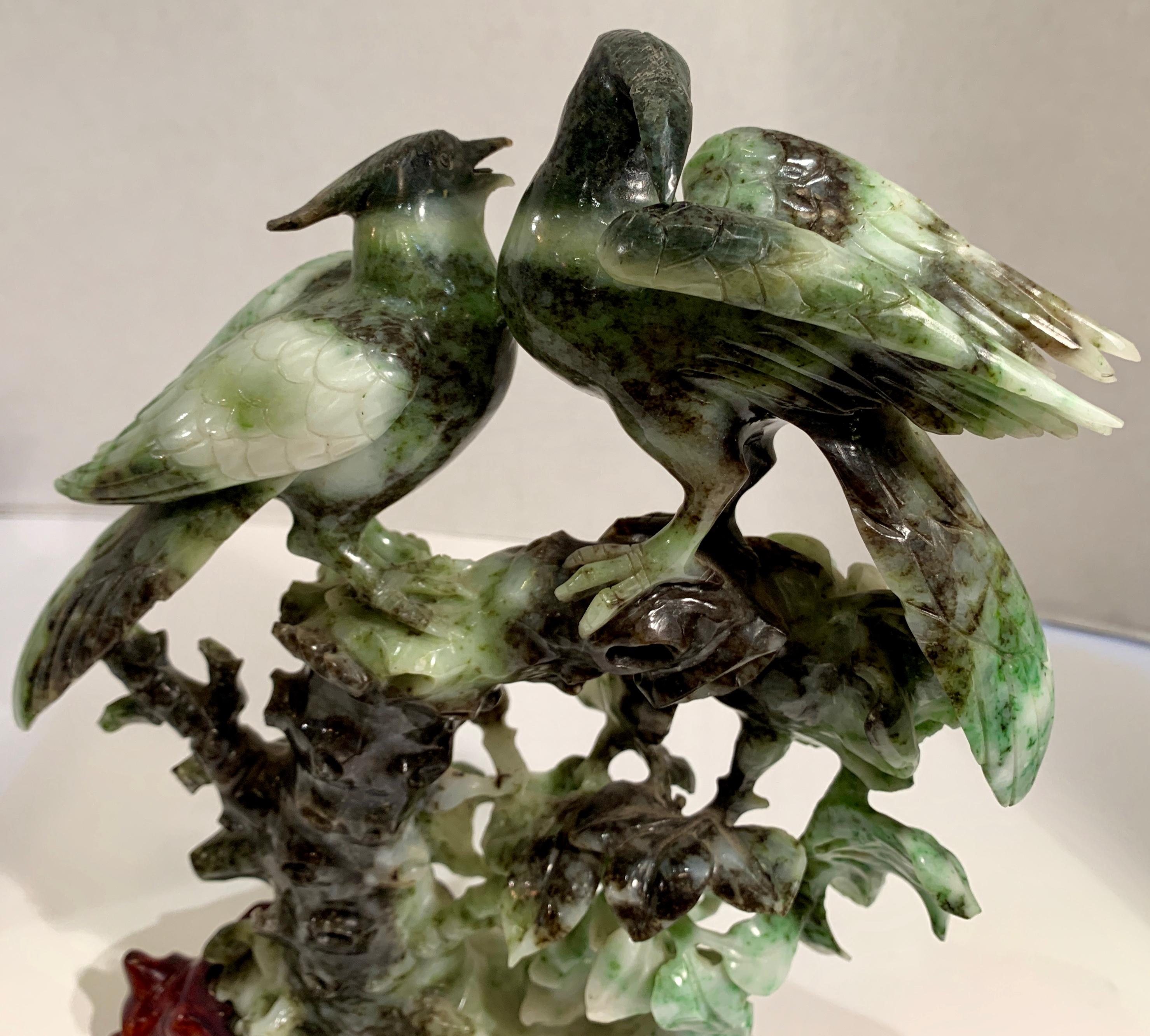 Chinese Carved Mottled Stone Birds and Flowers Sculpture on Rosewood