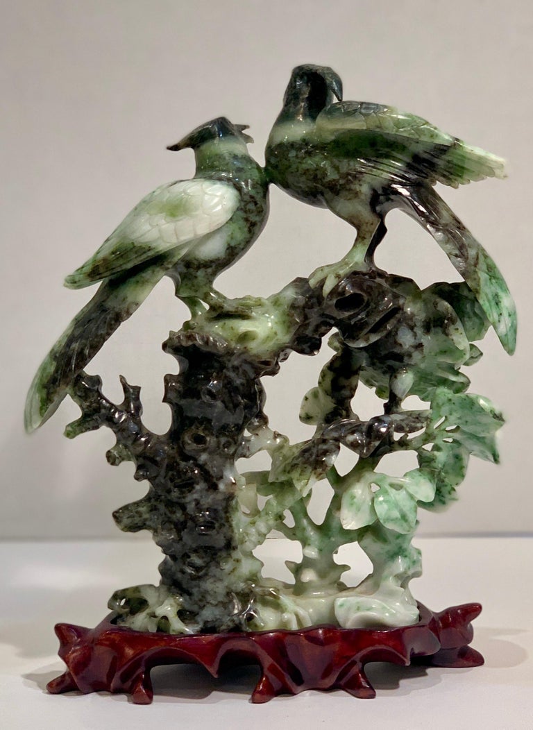 Chinese Carved Mottled Stone Birds and Flowers Sculpture on Rosewood Base For Sale at 1stDibs