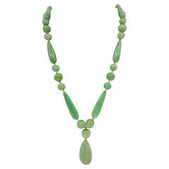 Antique Chinese Carved Natural Green Nephrite Jade Pendant Beaded Necklace 32"