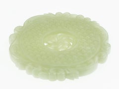 Antique Chinese Carved Nephrite Jade Round Plaque, Flower, Dragon, Chi Pattern