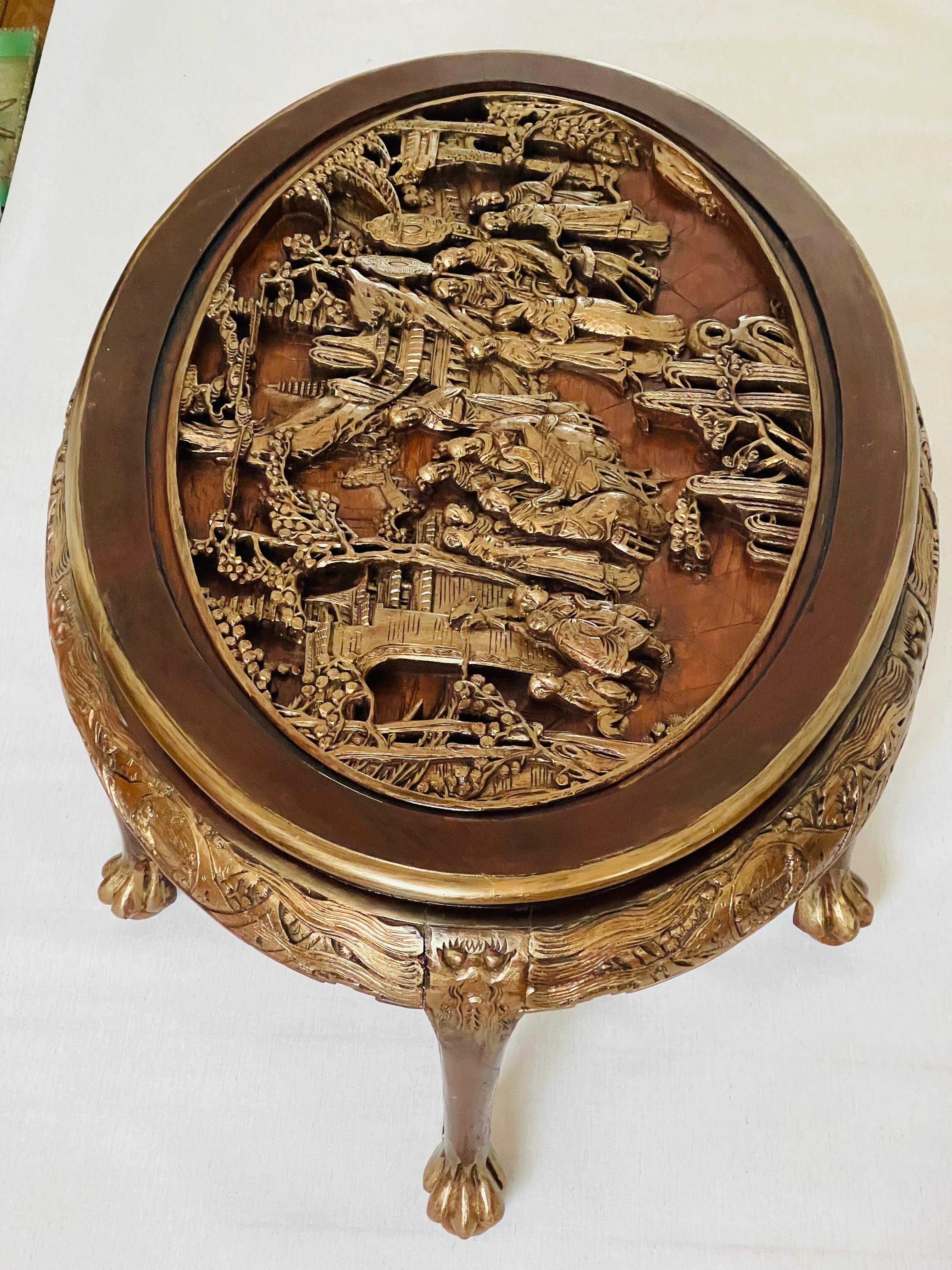 Antiker chinesischer geschnitzter Opium-Kaffeetisch mit 6 Stühlen im Angebot 2