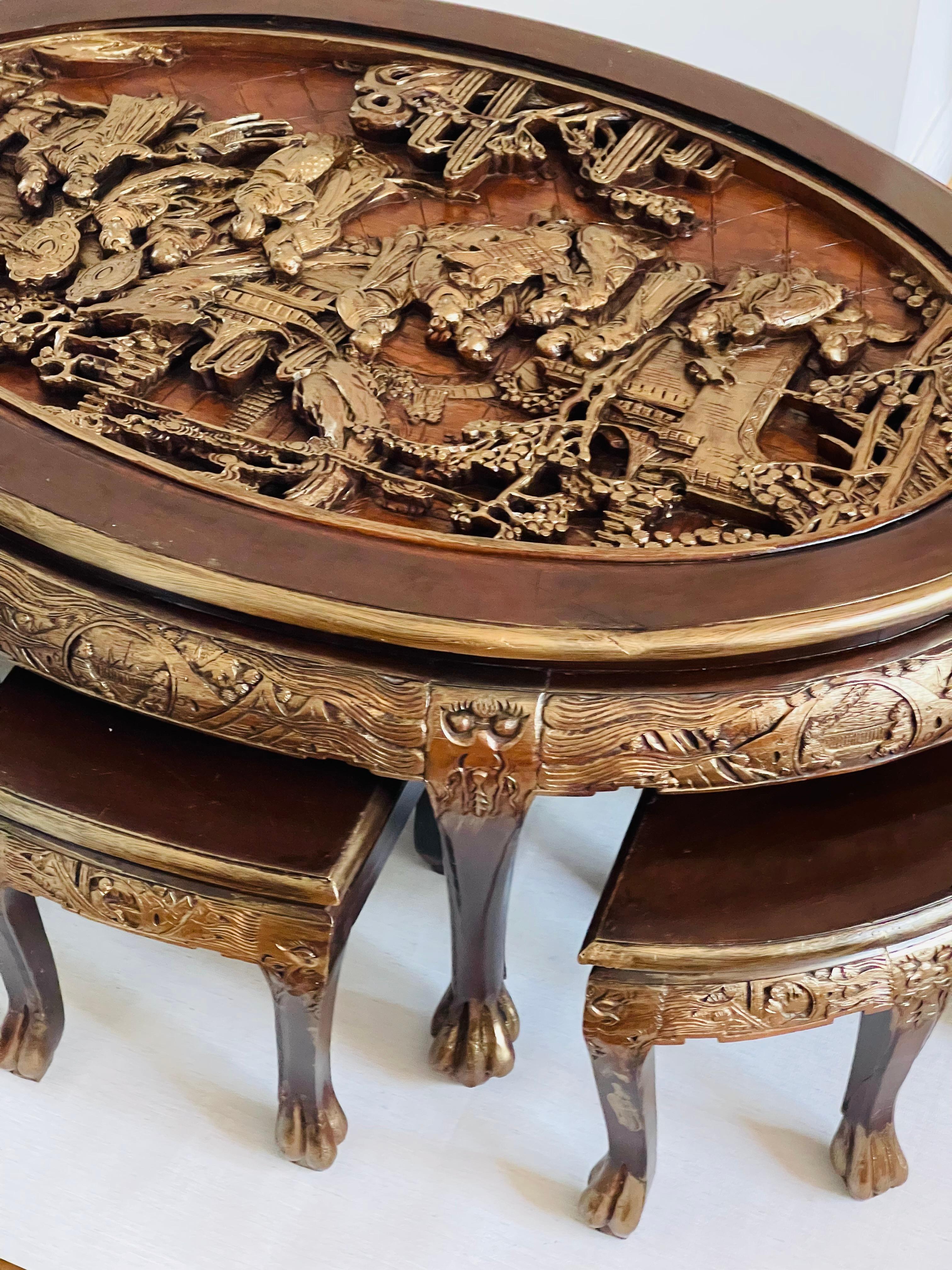 Antiker chinesischer geschnitzter Opium-Kaffeetisch mit 6 Stühlen im Angebot 1