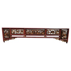 Antique Chinese Carved Panel with Red, Black, & Gilt Decoration