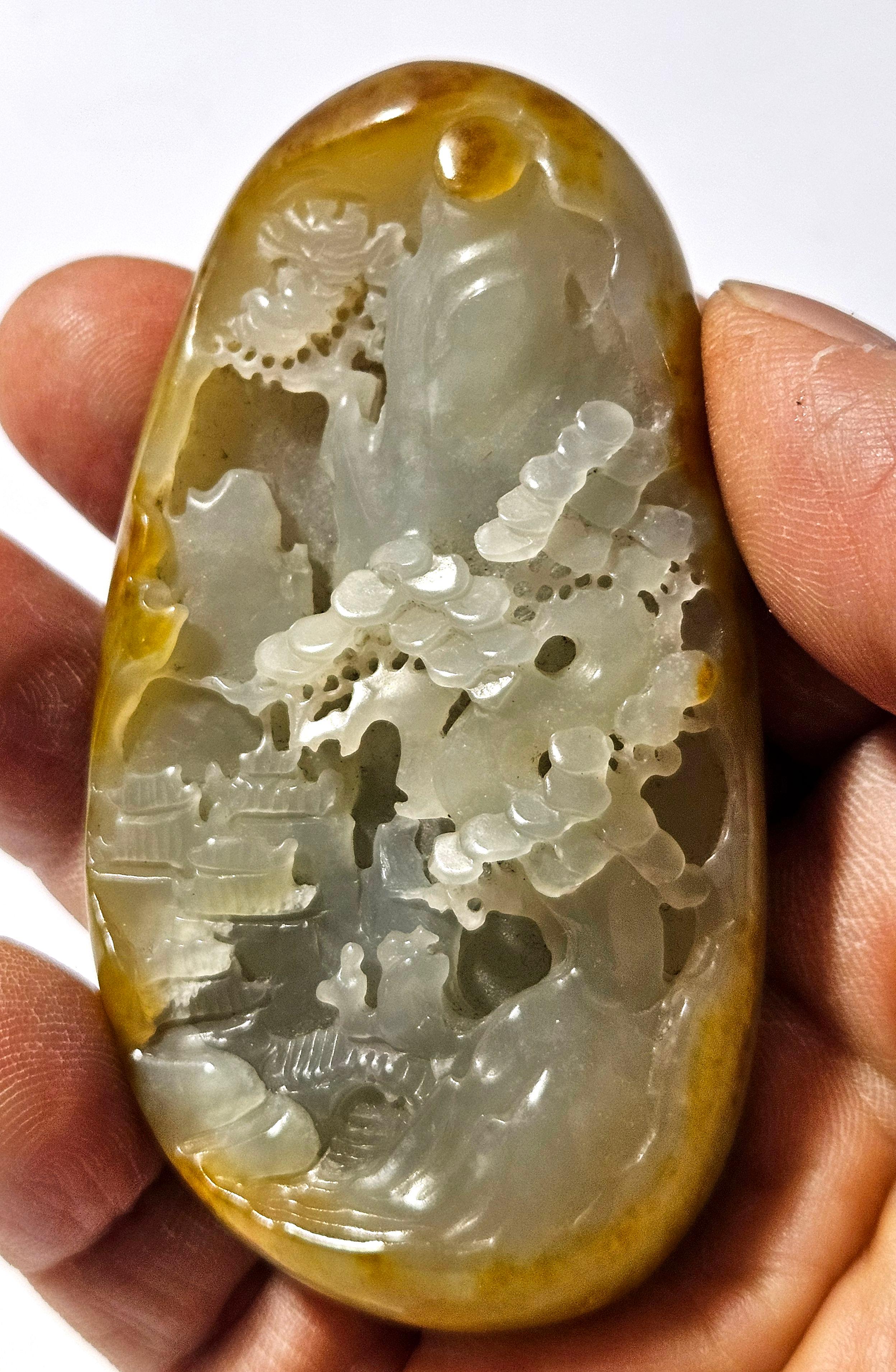 Antique galet chinois sculpté Hetian Jade blanc Ric#JD013 en vente 7