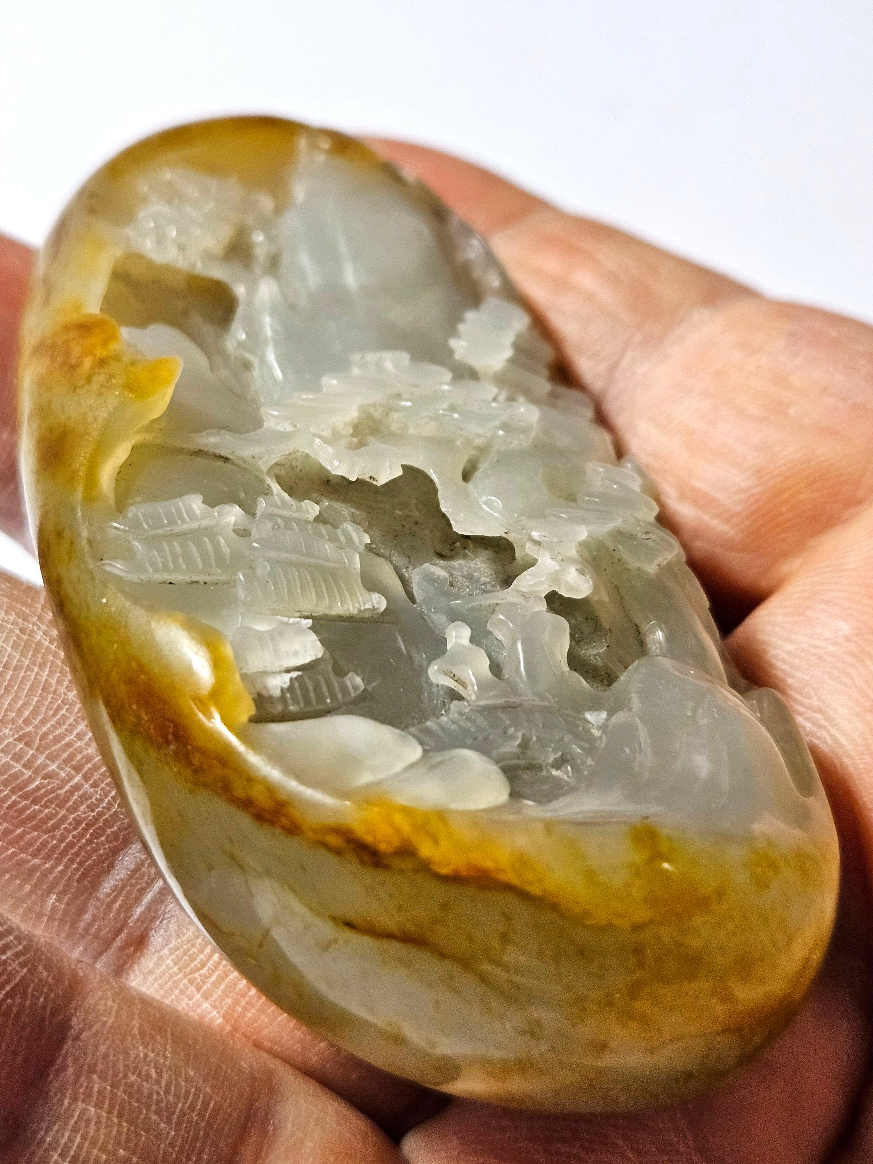 Antique galet chinois sculpté Hetian Jade blanc Ric#JD013 en vente 8