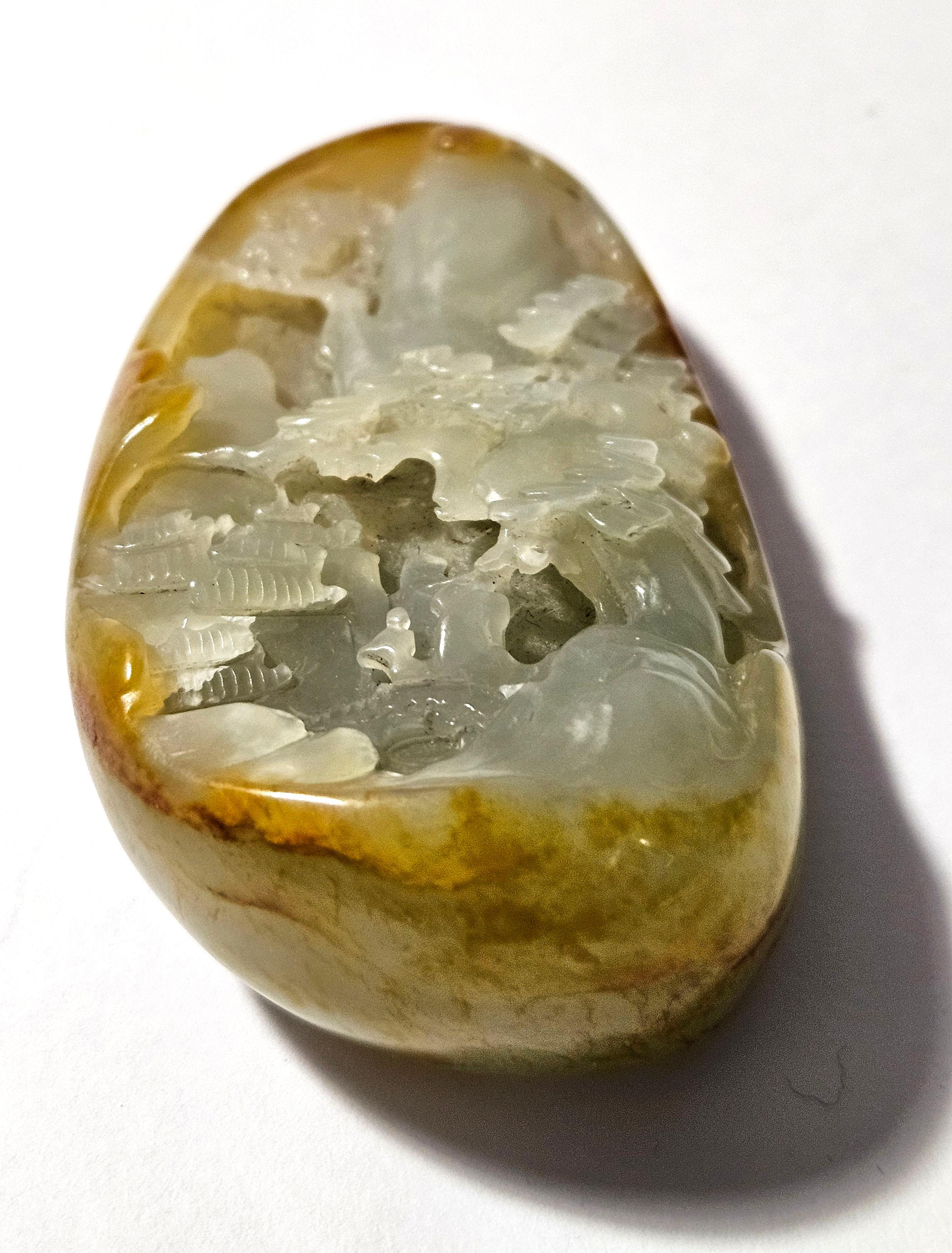 Chinois Antique galet chinois sculpté Hetian Jade blanc Ric#JD013 en vente