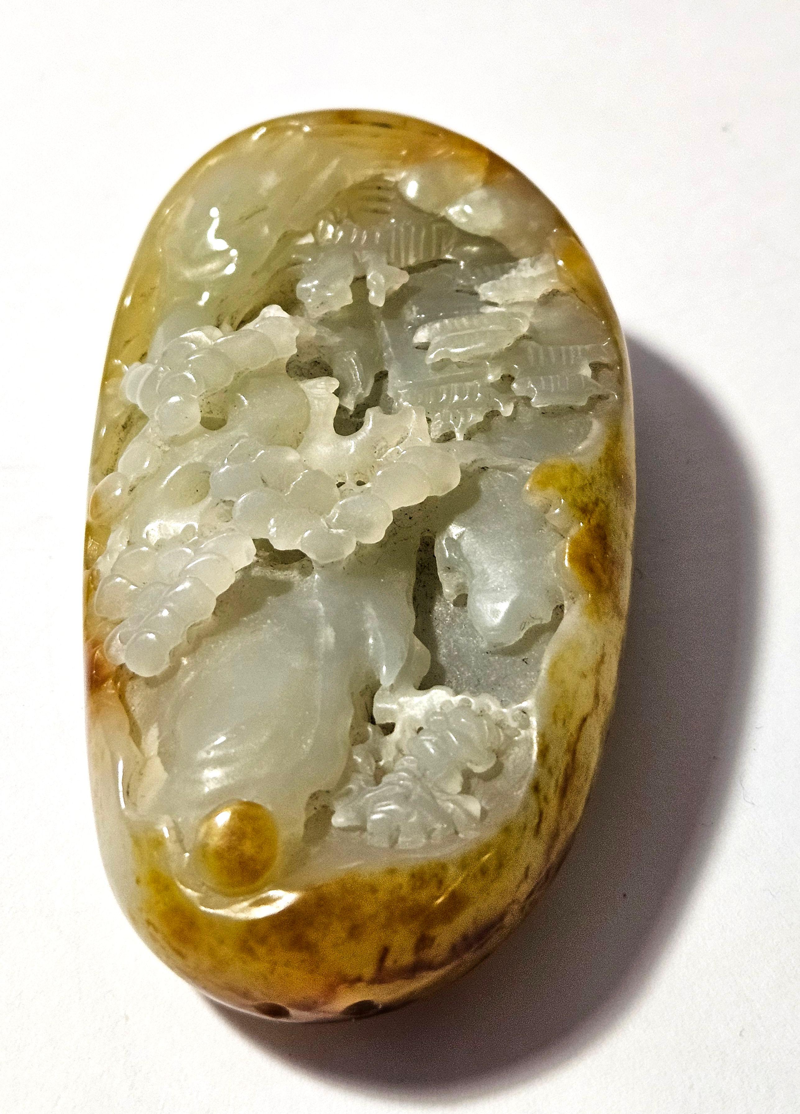 XIXe siècle Antique galet chinois sculpté Hetian Jade blanc Ric#JD013 en vente