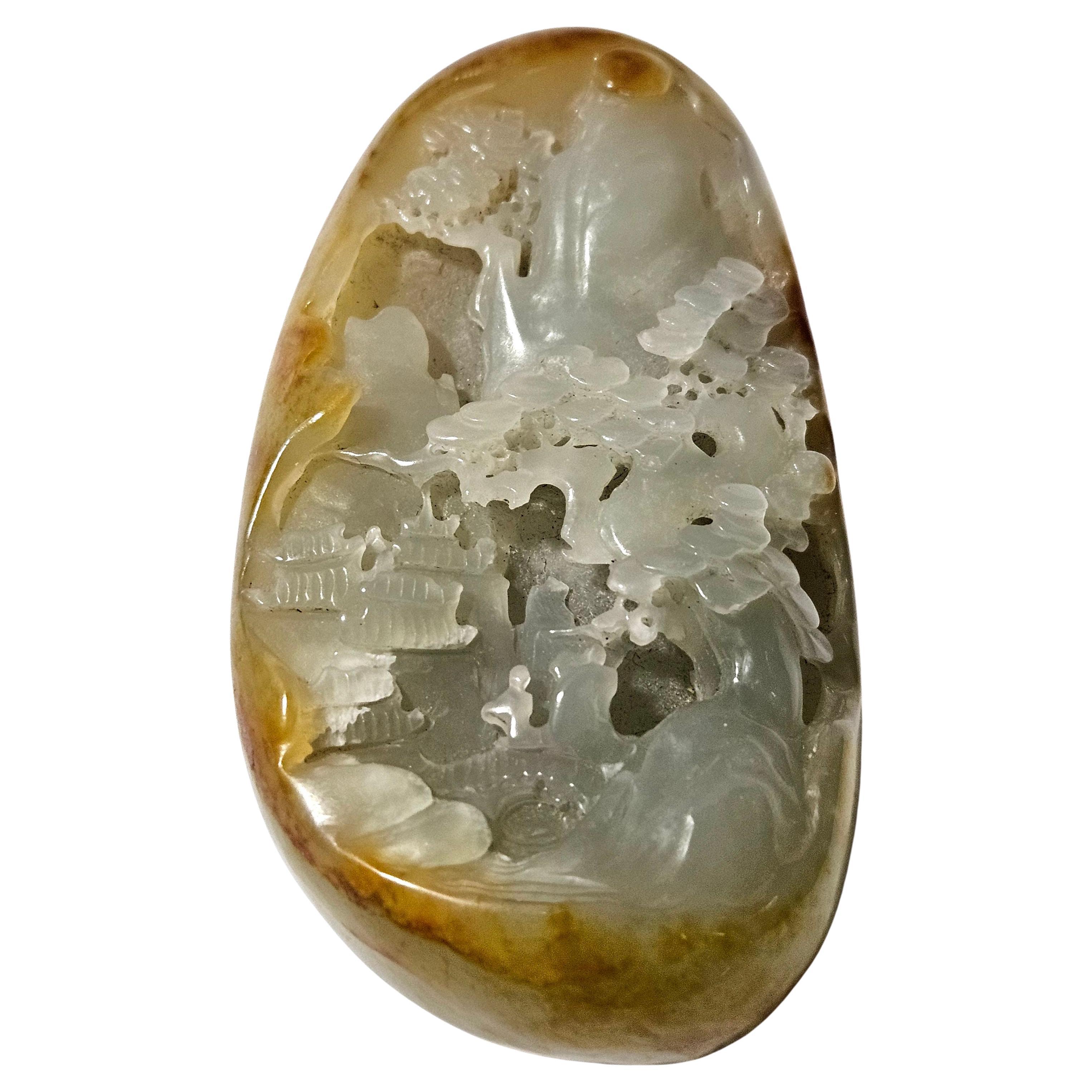 Antique Chinese Carved Pebble Hetian White Jade Ric#JD013