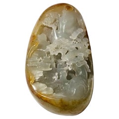 Antique Chinese Carved Pebble Hetian White Jade Ric#JD013