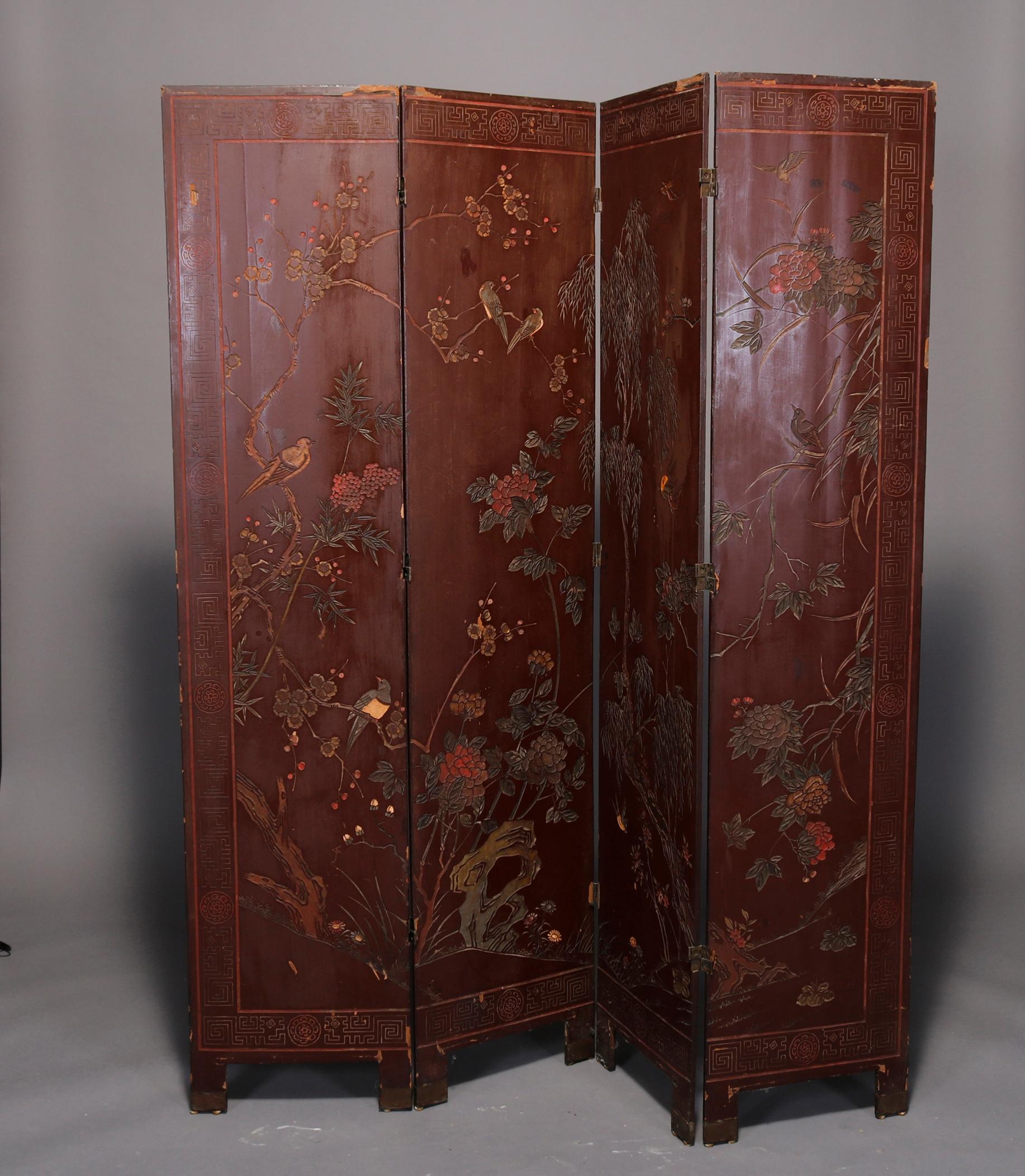 Wood Antique Chinese Carved Polychrome 4 Panel Dressing Screen, Circa 1920