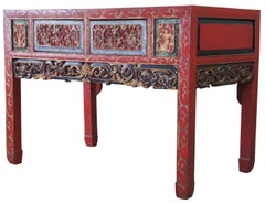 Antique Chinese Carved Red Altar Entry Console Chinoiserie Sideboard Table