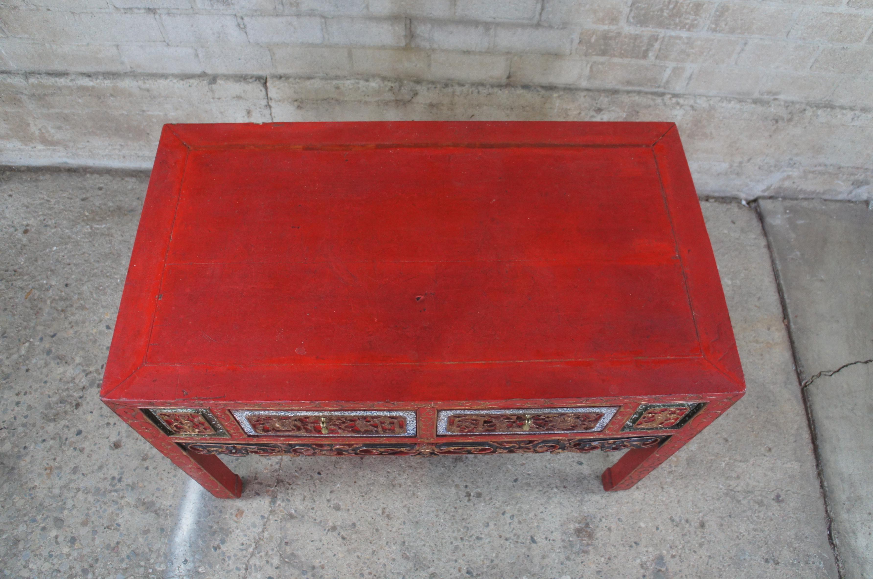 Antique Chinese Carved Red Altar Entry Console Chinoiserie Sideboard Table In Good Condition In Dayton, OH