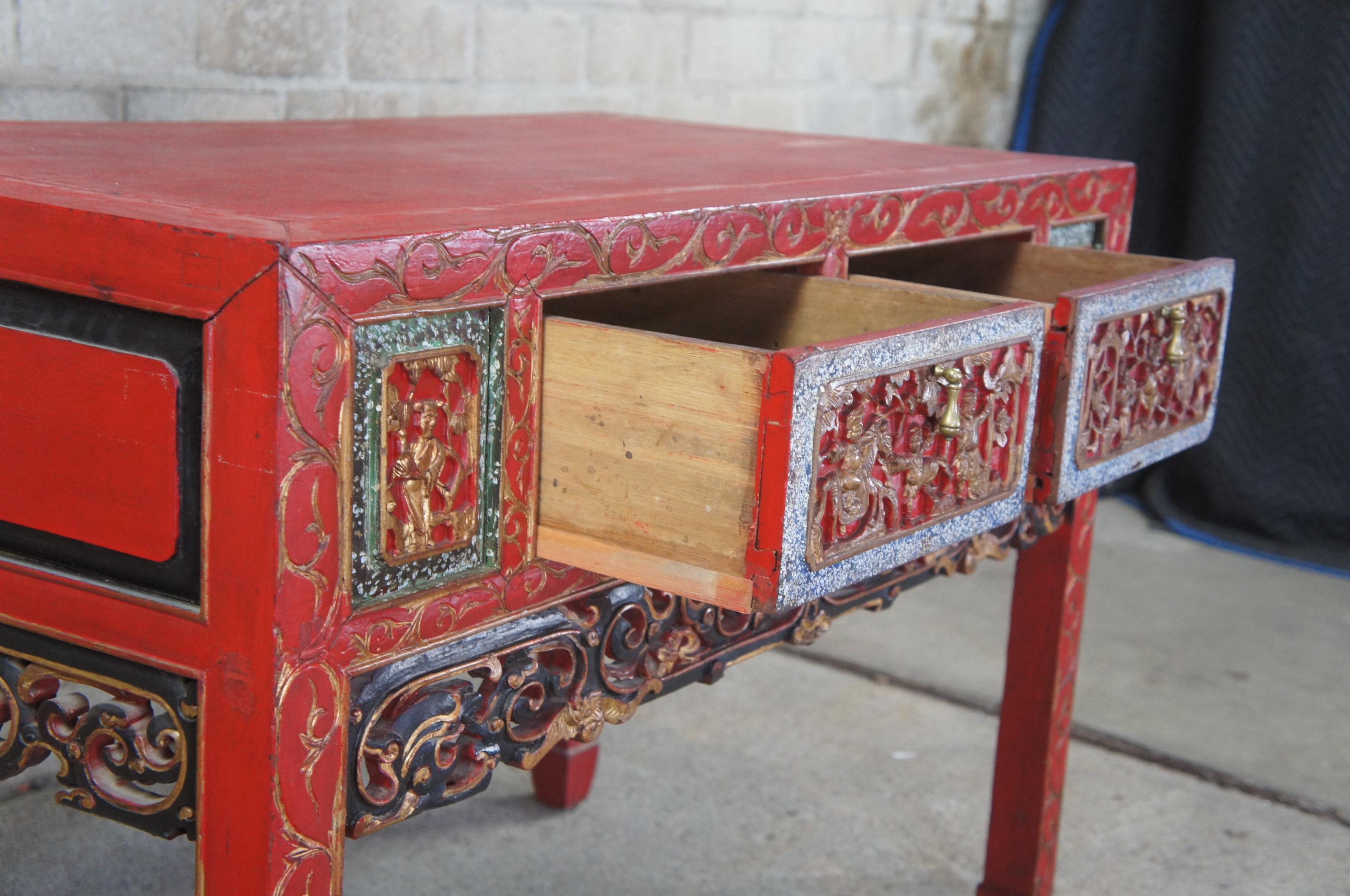 Hardwood Antique Chinese Carved Red Altar Entry Console Chinoiserie Sideboard Table