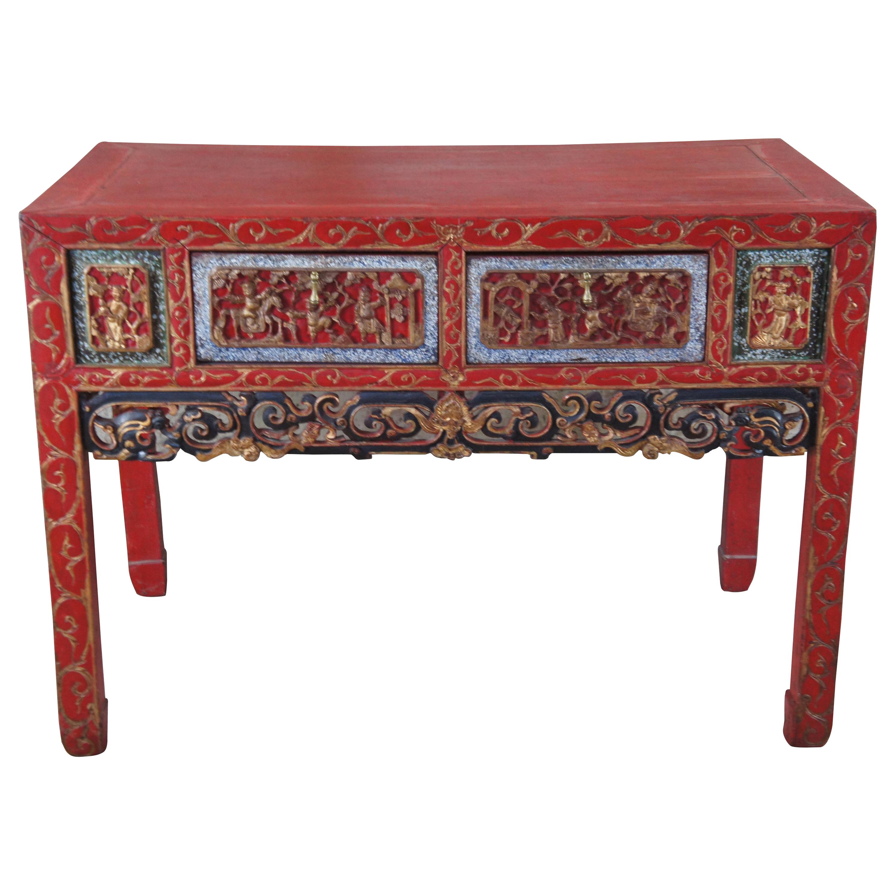 Antique Chinese Carved Red Altar Entry Console Chinoiserie Sideboard Table