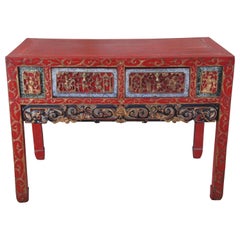 Antique Chinese Carved Red Altar Entry Console Chinoiserie Sideboard Table
