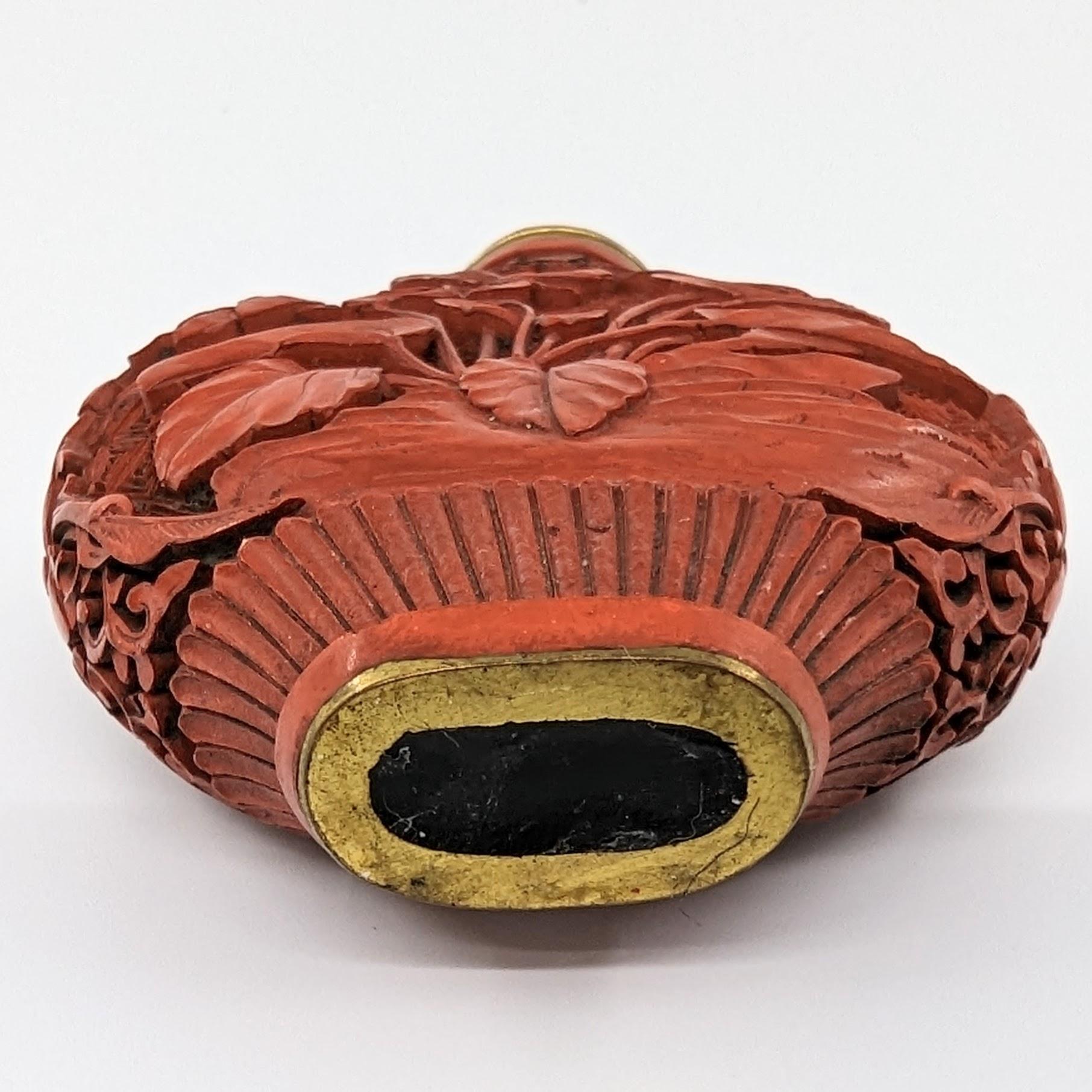 Women's or Men's Antique Chinese Red Carved Cinnabar Snuff Bottle Chrysanthemum 18-19th Cent Qing For Sale