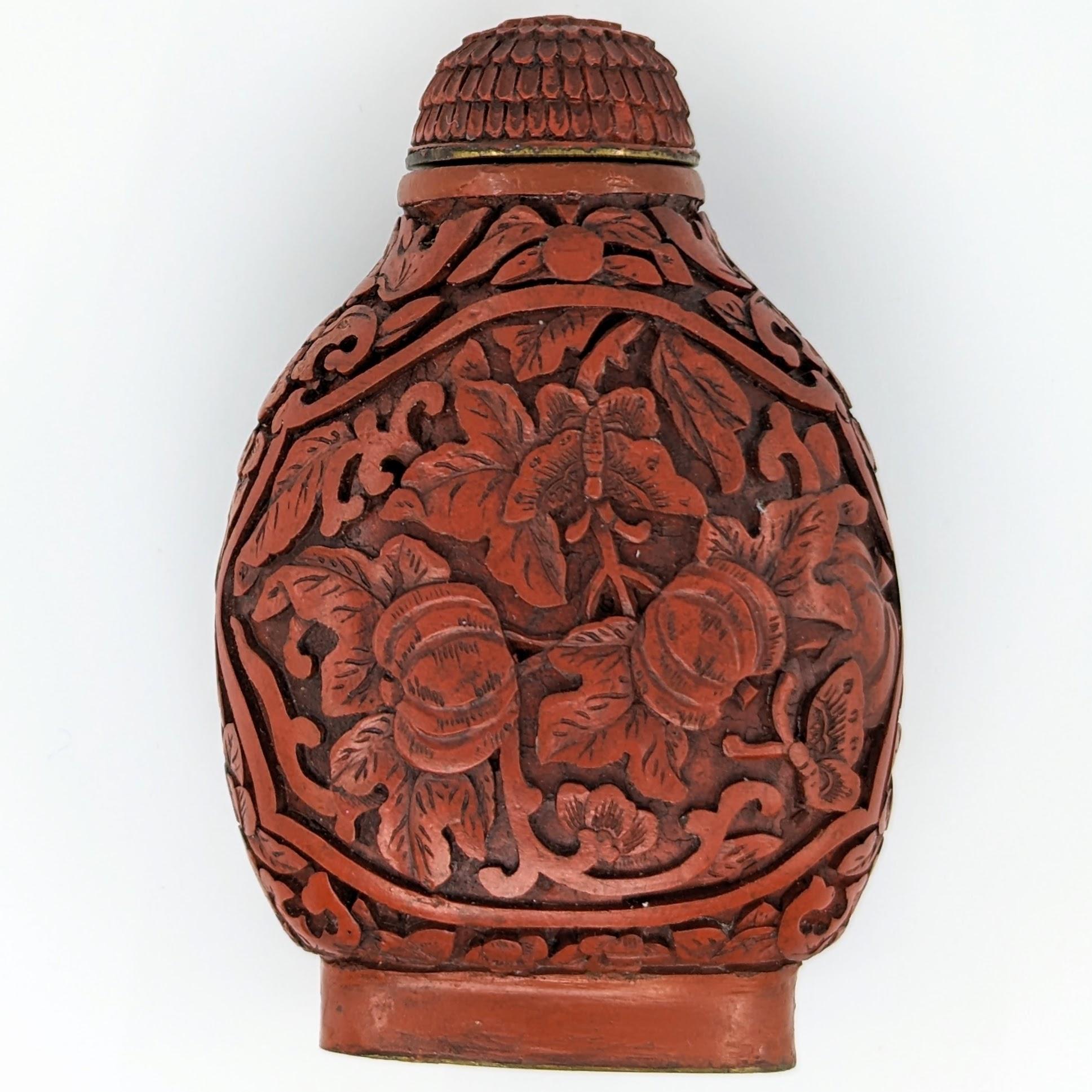 Women's or Men's Antique Chinese Carved Cinnabar Lacquer Snuff Bottle Melons 19c Qing Daoguang Mk For Sale