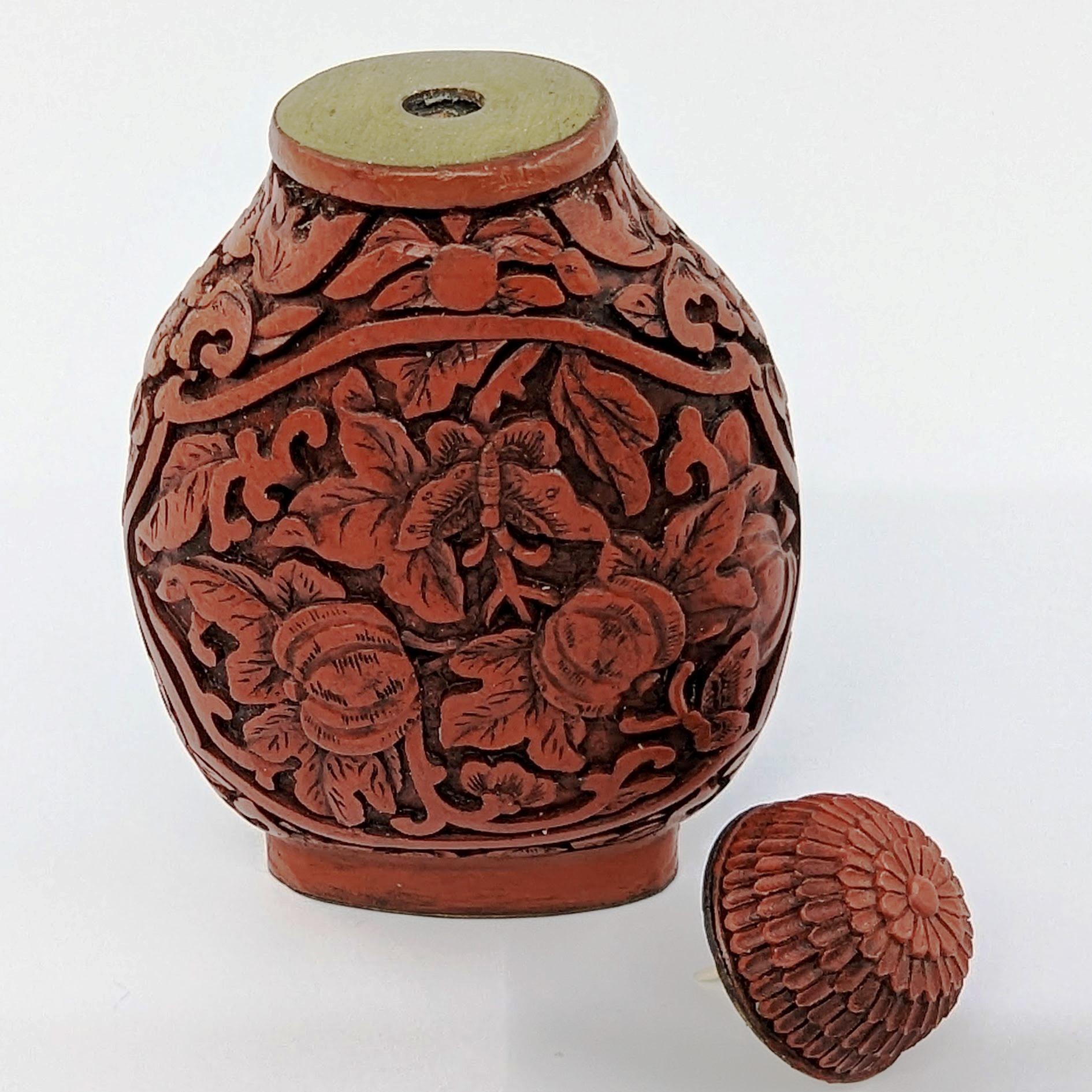 Antique Chinese Carved Cinnabar Lacquer Snuff Bottle Melons 19c Qing Daoguang Mk For Sale 1