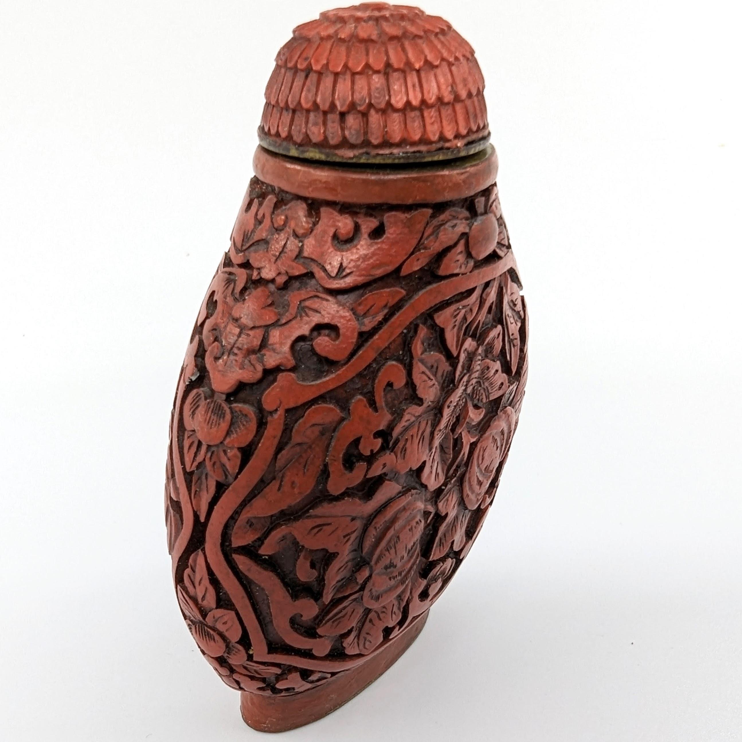 Antique Chinese Carved Cinnabar Lacquer Snuff Bottle Melons 19c Qing Daoguang Mk For Sale 2