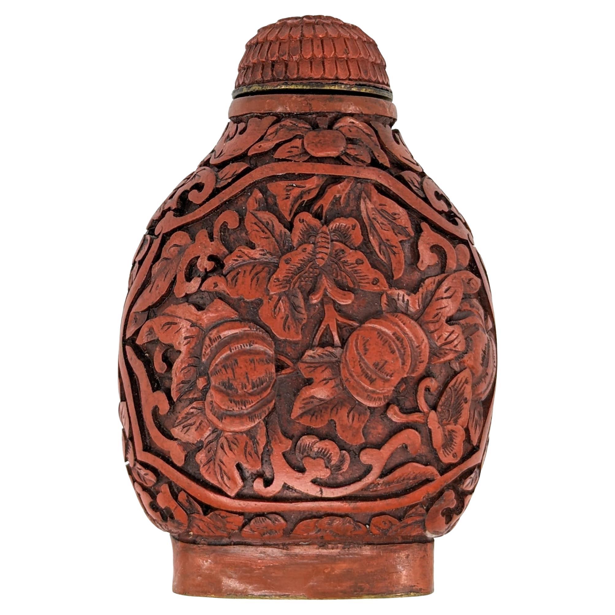 Antique Chinese Carved Cinnabar Lacquer Snuff Bottle Melons 19c Qing Daoguang Mk In Good Condition For Sale In Richmond, CA