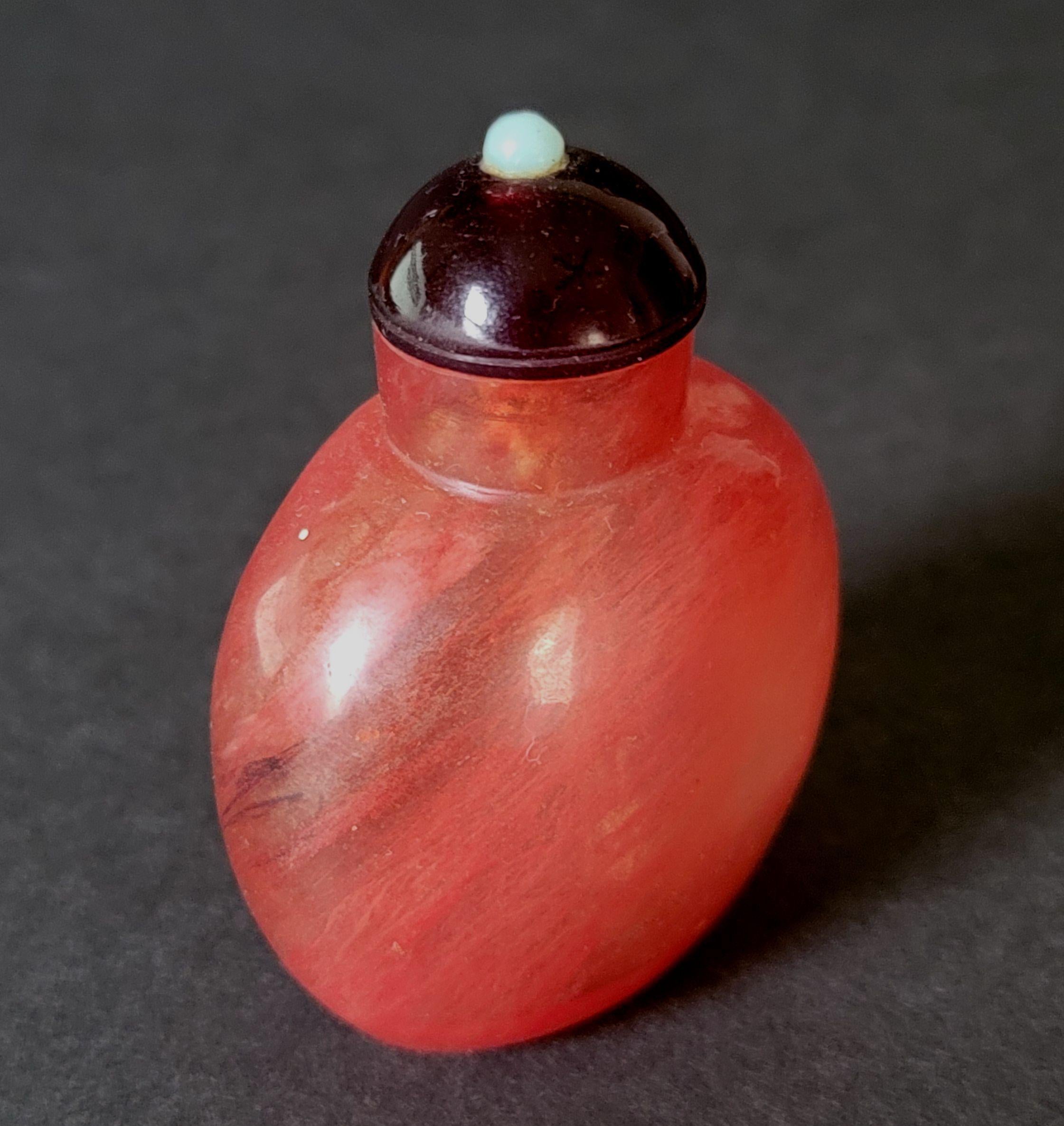 Antique Chinese Carved Red Gemstone Snuff Bottle, Early 20th Century In Excellent Condition For Sale In Norton, MA