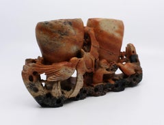 Antique Chinese Carved Red Soapstone Brush Pot