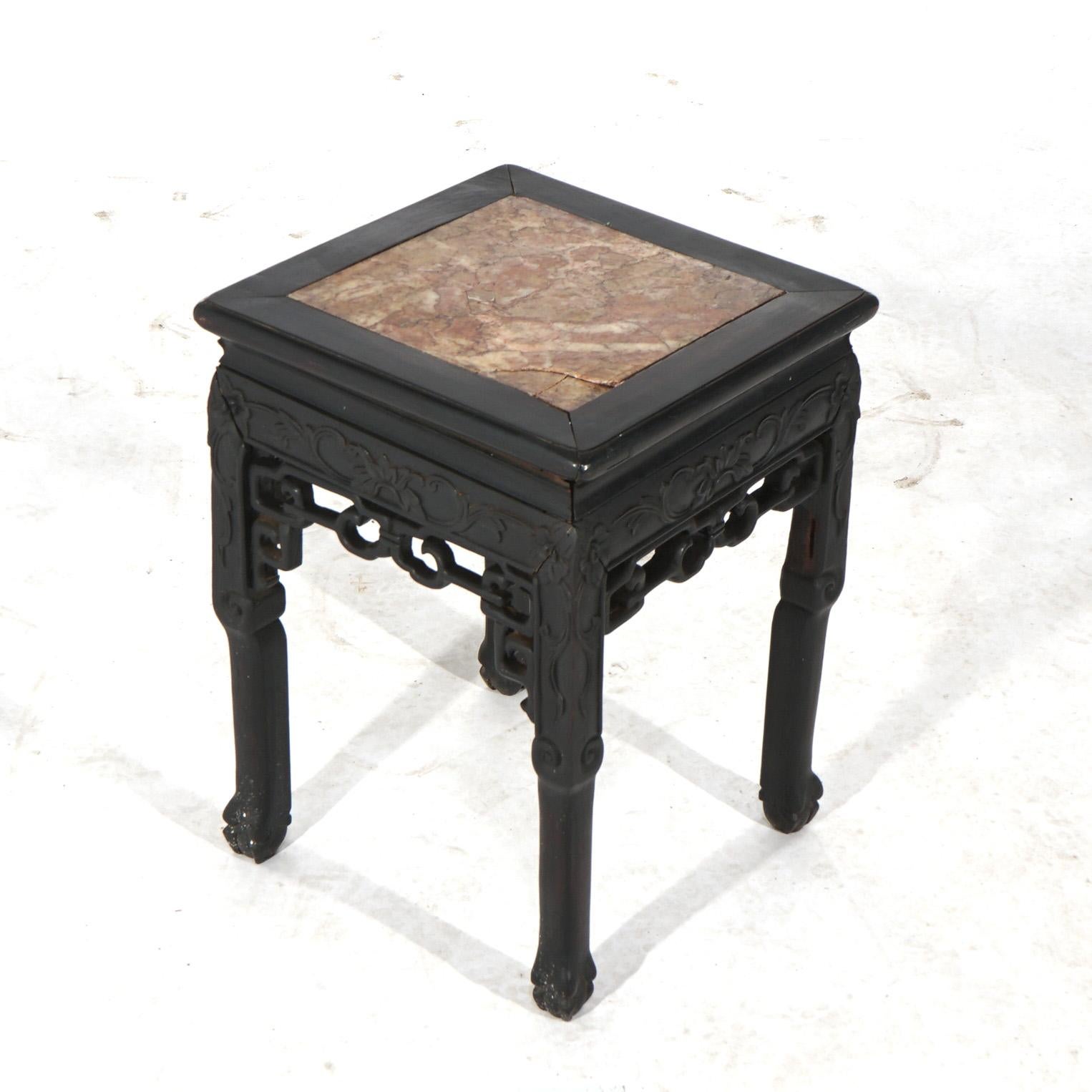 ***Ask About Reduced In-House Delivery Rates - Reliable Professional Service & Fully Insured***
Antique Chinese Deeply Carved Hardwood Side Stand with Inset Rouge Marble Top C1910

Measures- 19''H x 13.75''W x 13.75''D