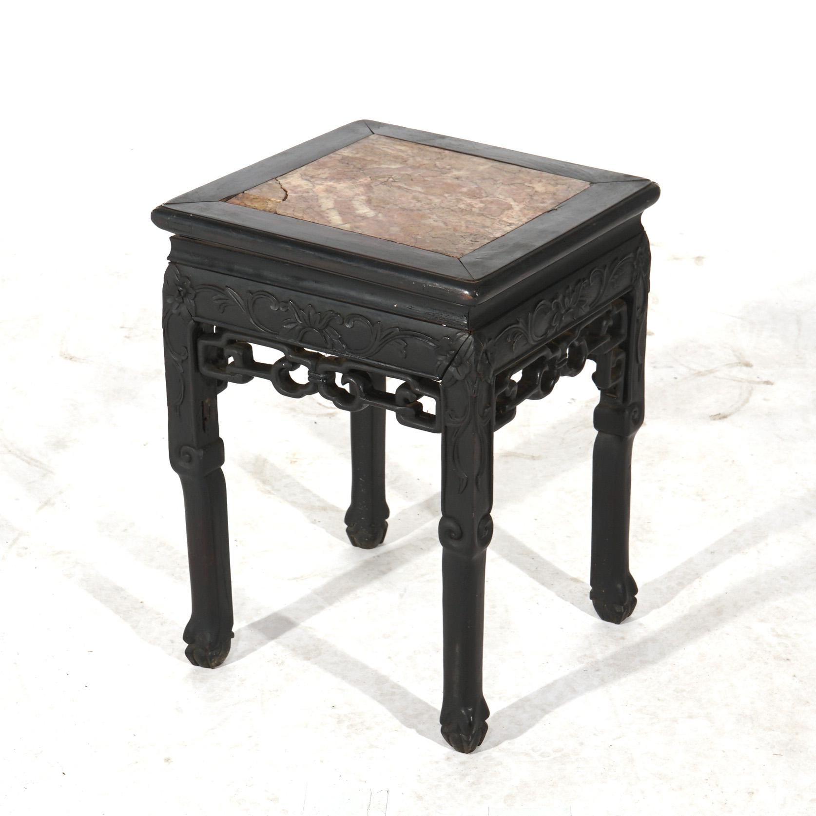Asian Antique Chinese Carved Redwood & Rouge Marble Top Table C1910 For Sale