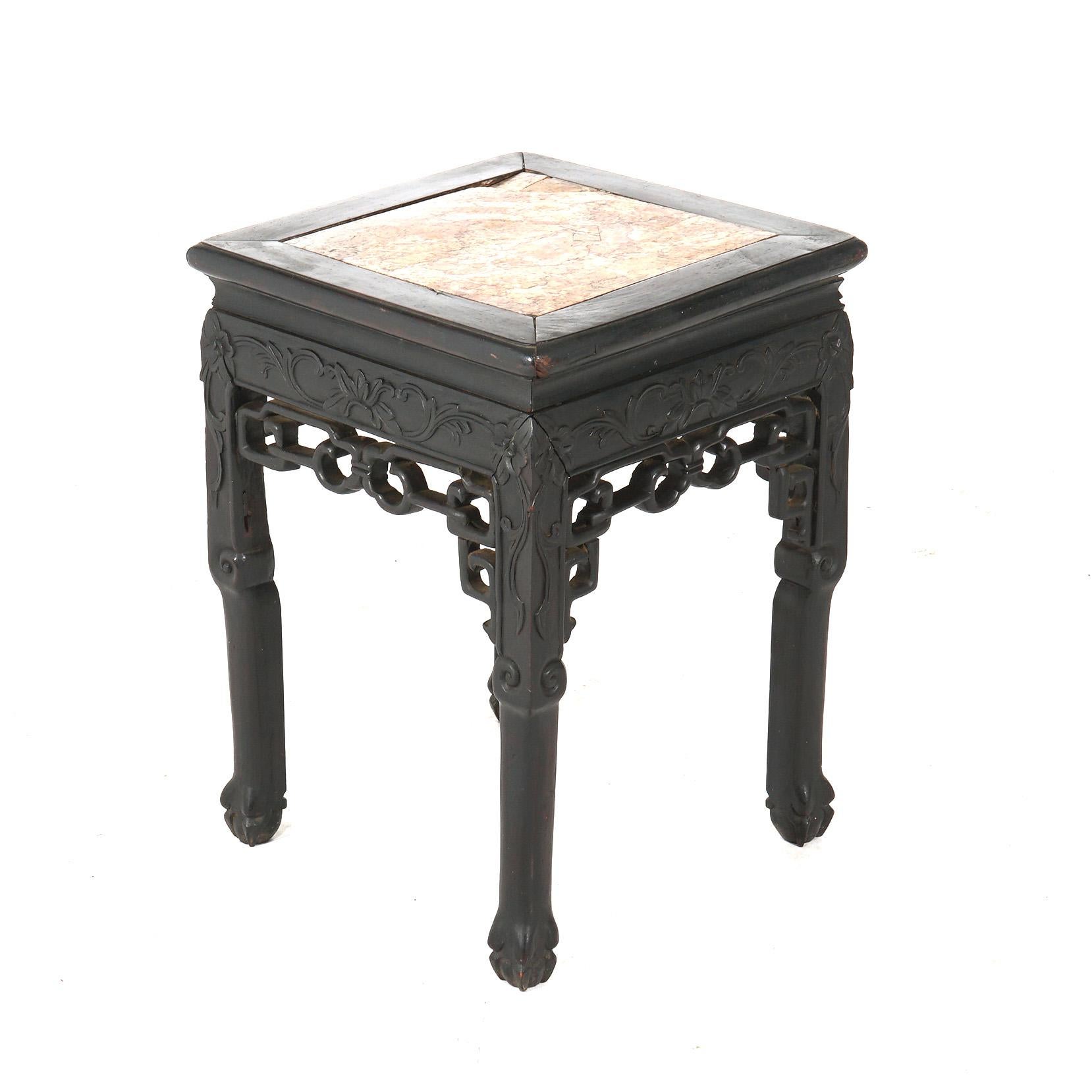 Antique Chinese Carved Redwood & Rouge Marble Top Table C1910 In Good Condition For Sale In Big Flats, NY