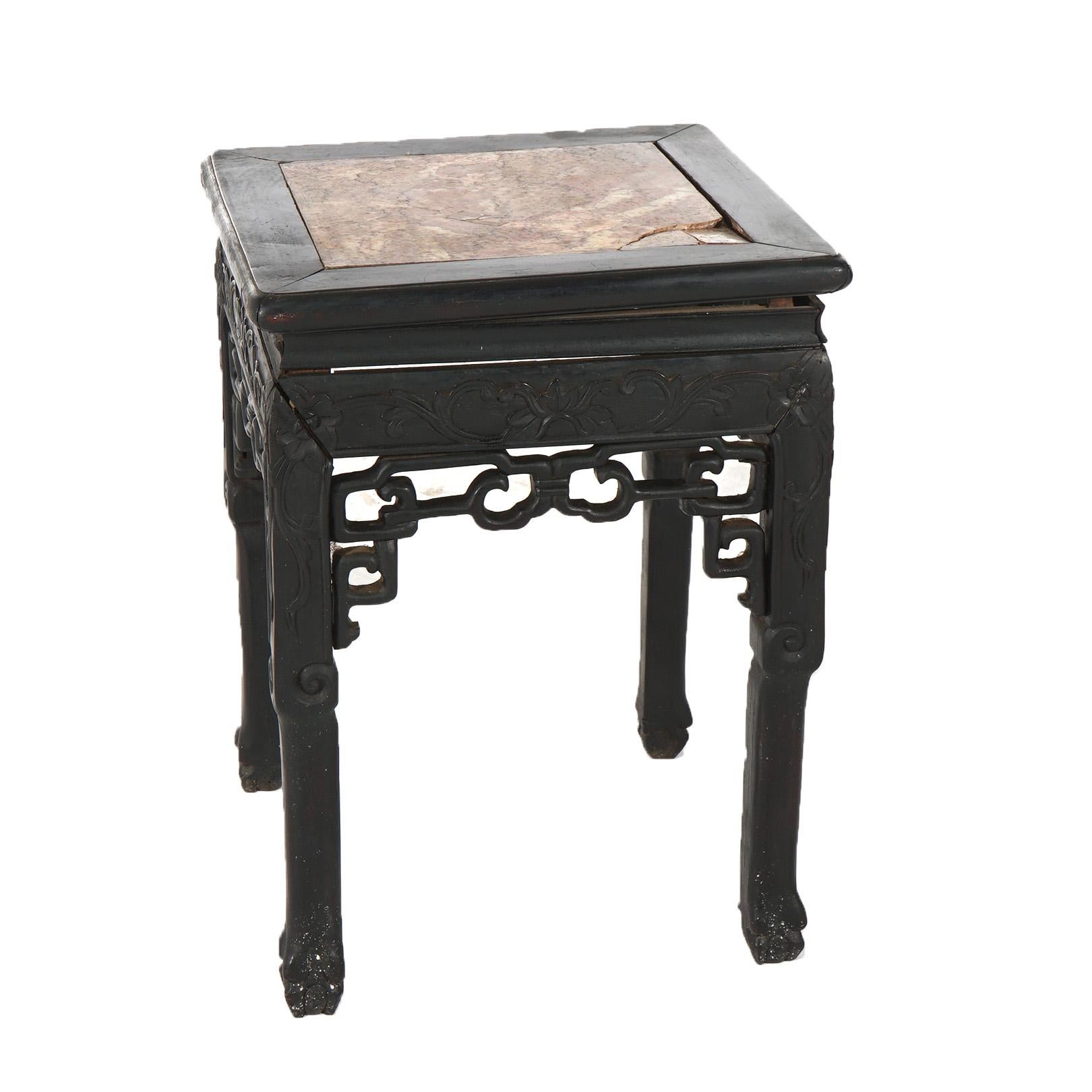 20th Century Antique Chinese Carved Redwood & Rouge Marble Top Table C1910 For Sale