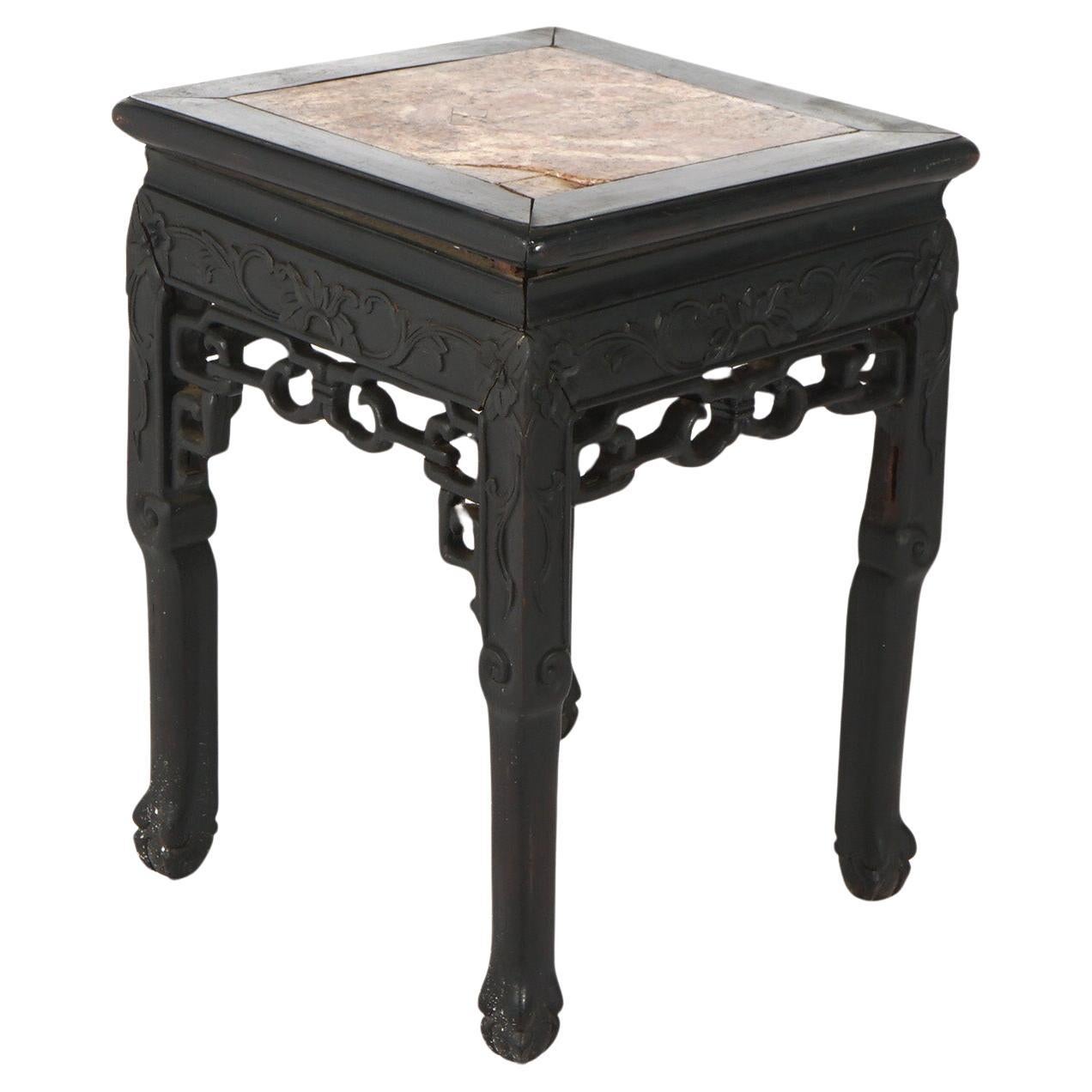 Antique Chinese Carved Redwood & Rouge Marble Top Table C1910 For Sale