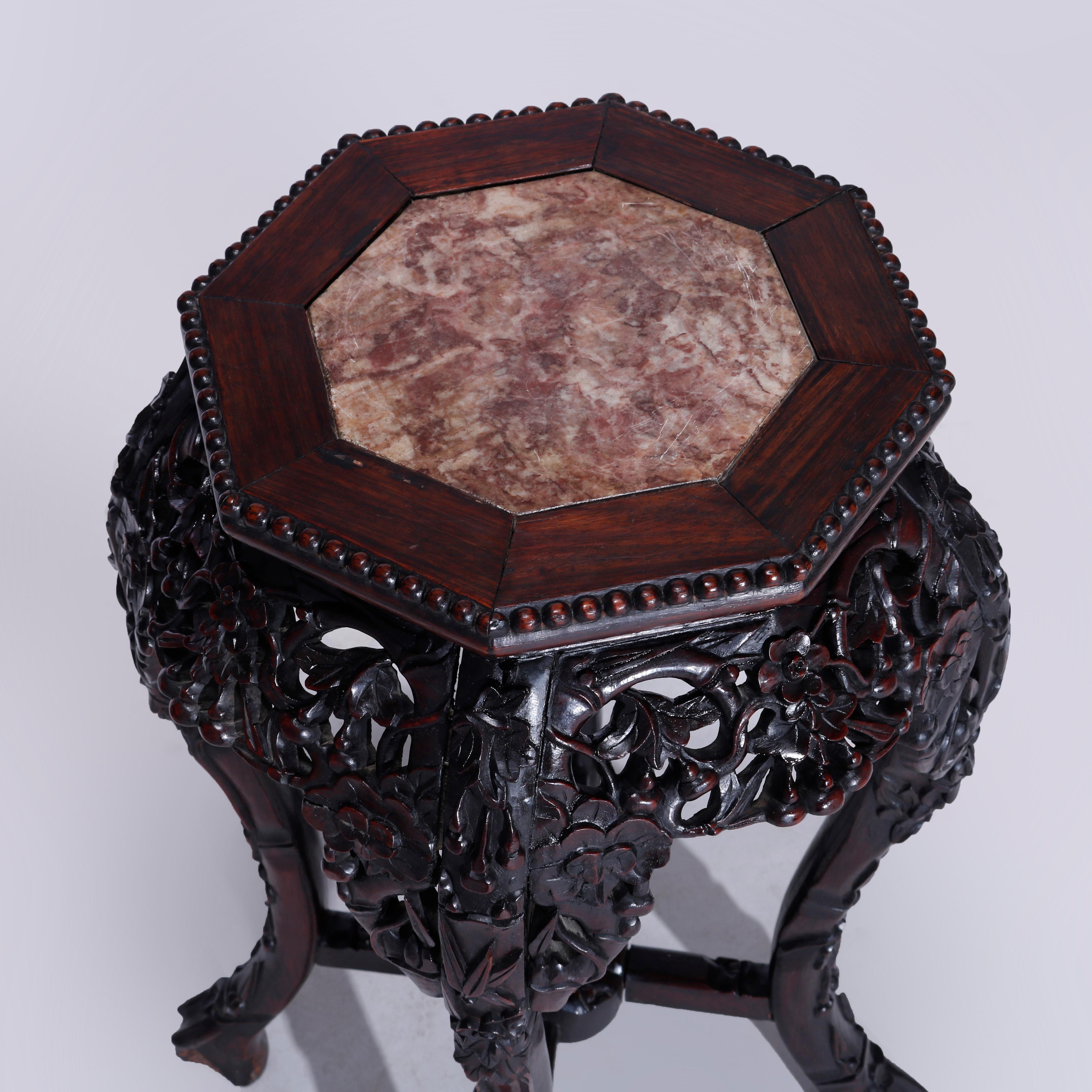 Antique Chinese Carved & Reticulated Rosewood & Marble Side Table Circa 1910 In Good Condition In Big Flats, NY