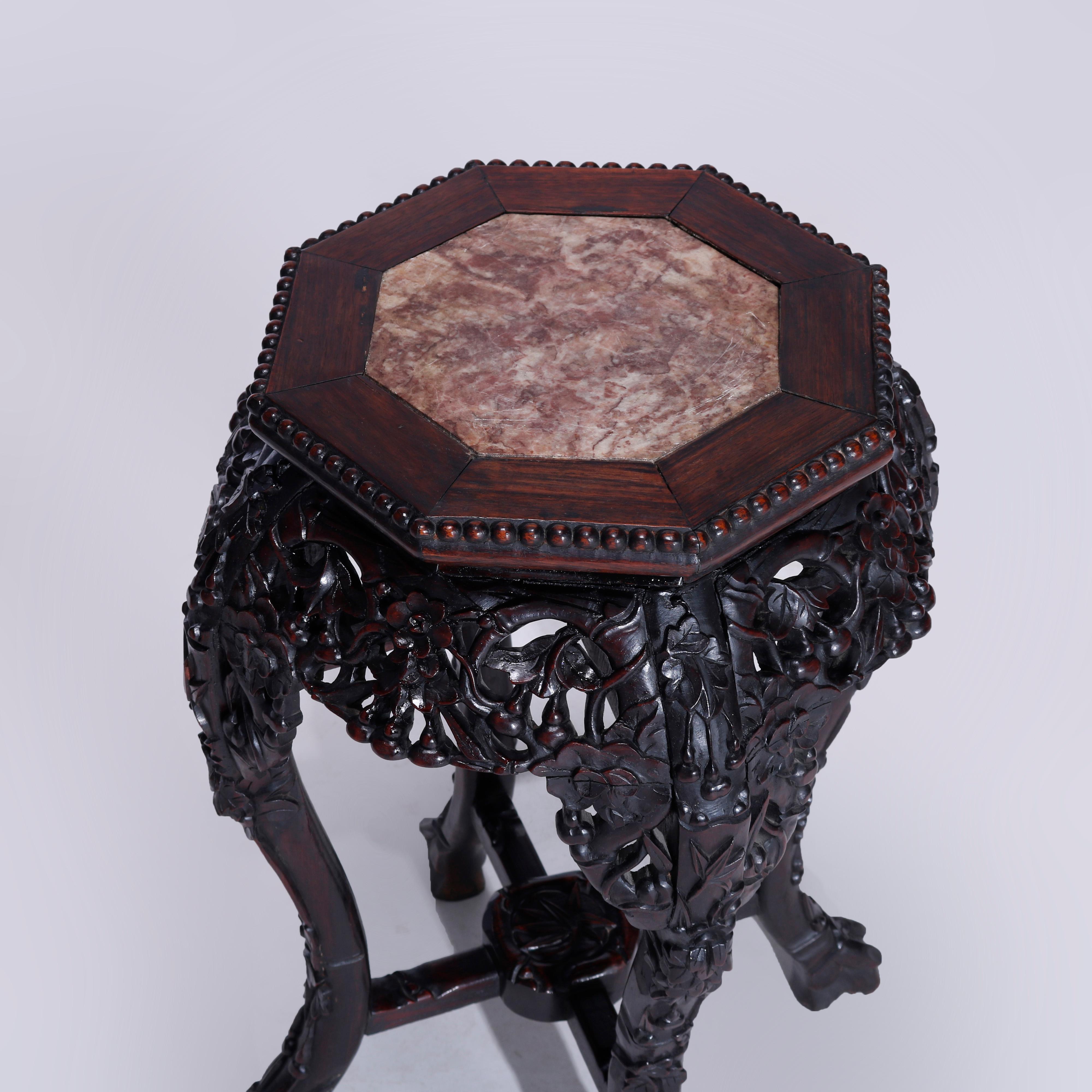 20th Century Antique Chinese Carved & Reticulated Rosewood & Marble Side Table Circa 1910