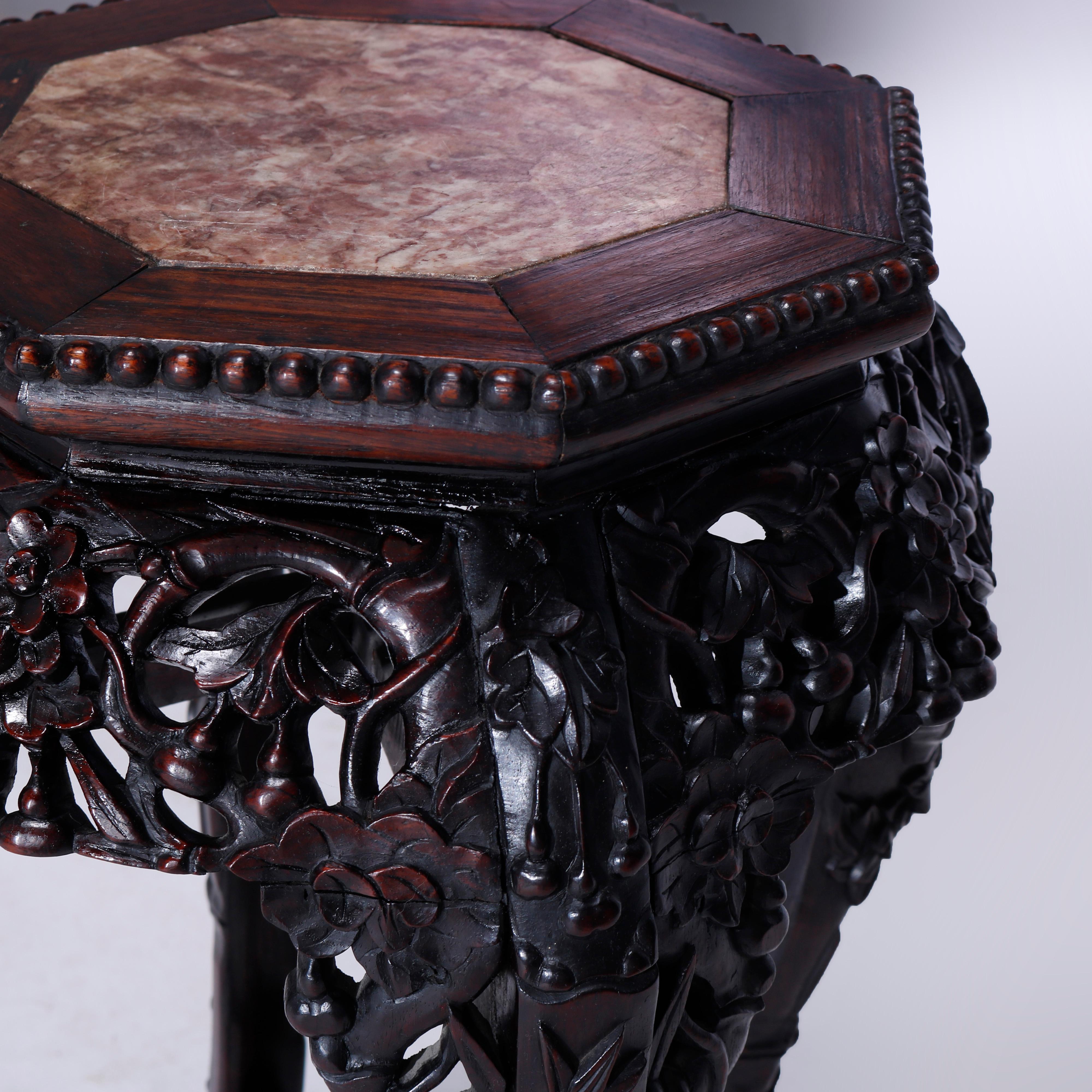 Antique Chinese Carved & Reticulated Rosewood & Marble Side Table Circa 1910 1