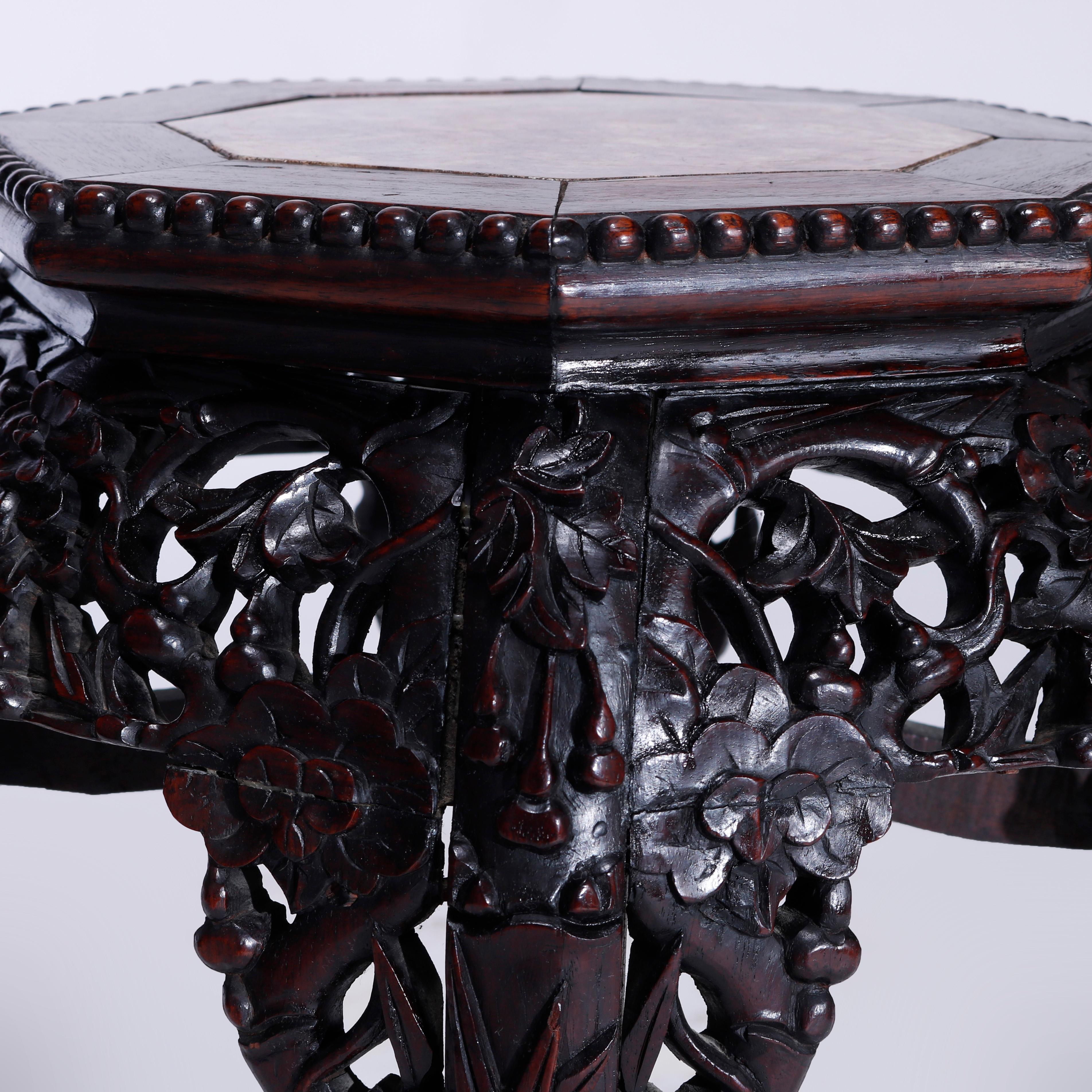 Antique Chinese Carved & Reticulated Rosewood & Marble Side Table Circa 1910 2